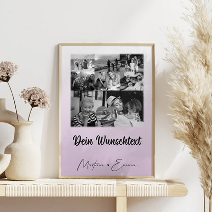 Personalisiertes Poster Namen Familie mit 8 Fotos und 1 Herz Foto und Wunschtext