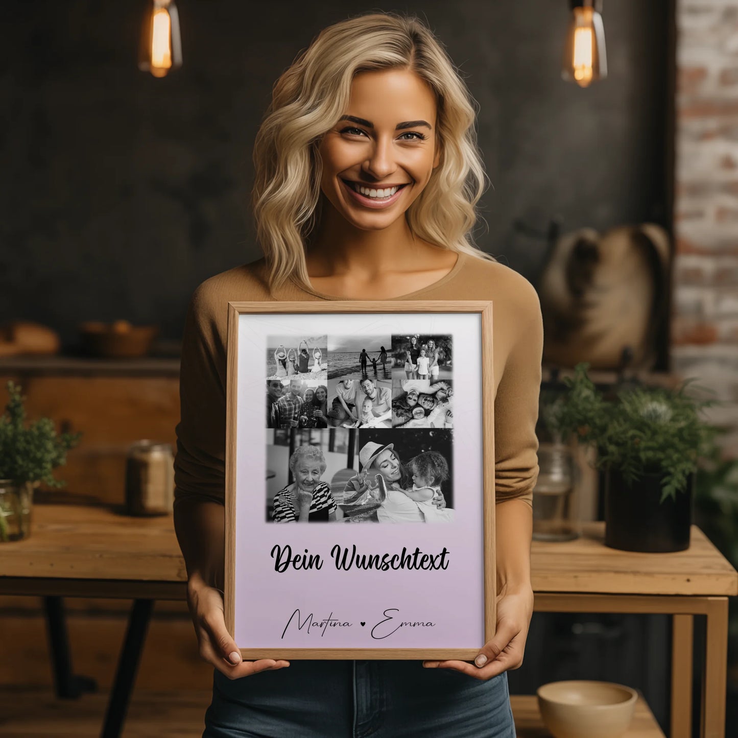 Personalisiertes Poster Namen Familie mit 8 Fotos und 1 Herz Foto und Wunschtext