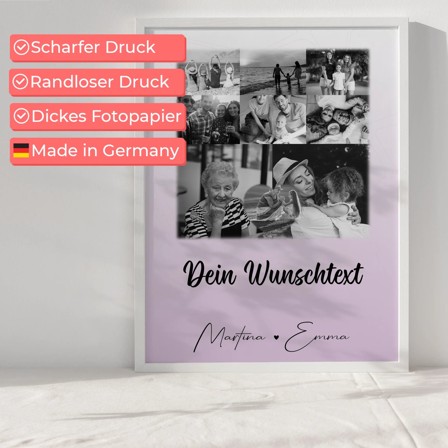 Personalisiertes Poster Namen Familie mit 8 Fotos und 1 Herz Foto und Wunschtext