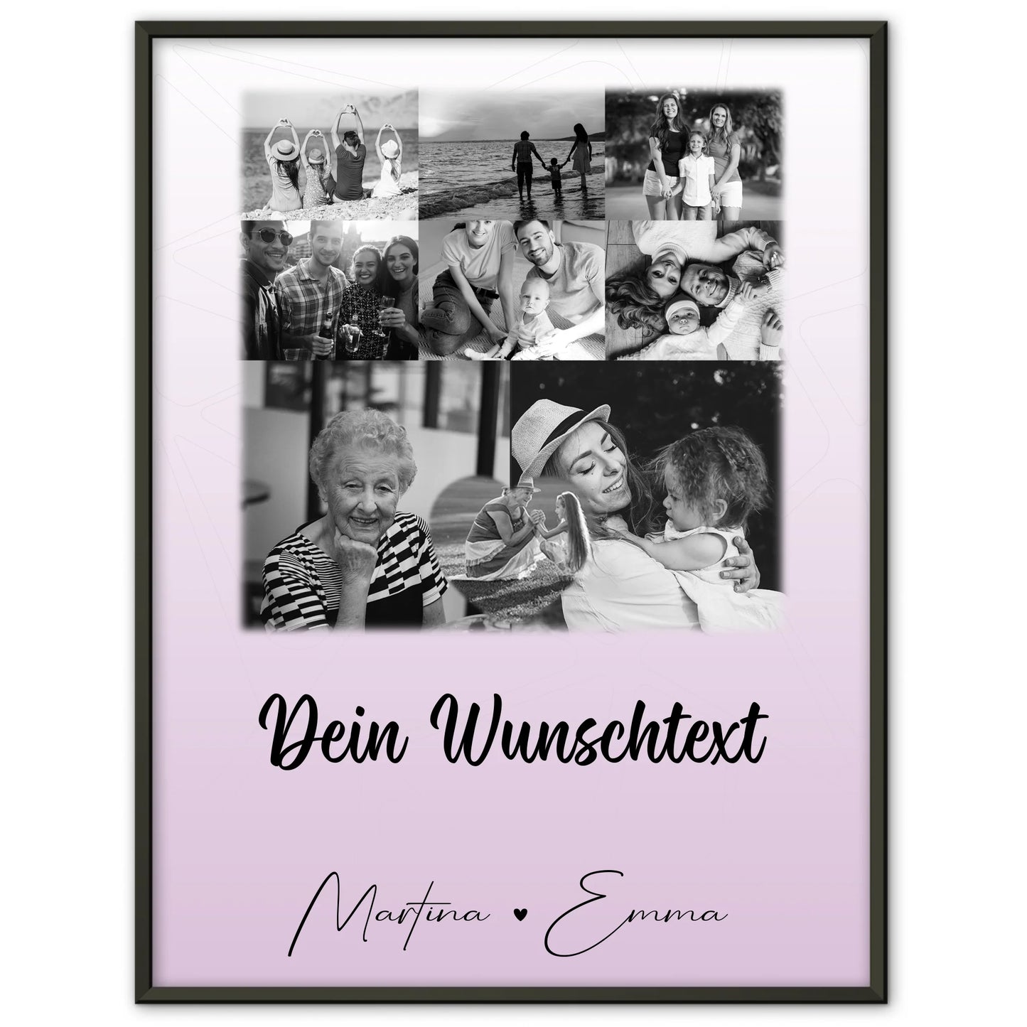 Personalisiertes Poster Namen Familie mit 8 Fotos und 1 Herz Foto und Wunschtext