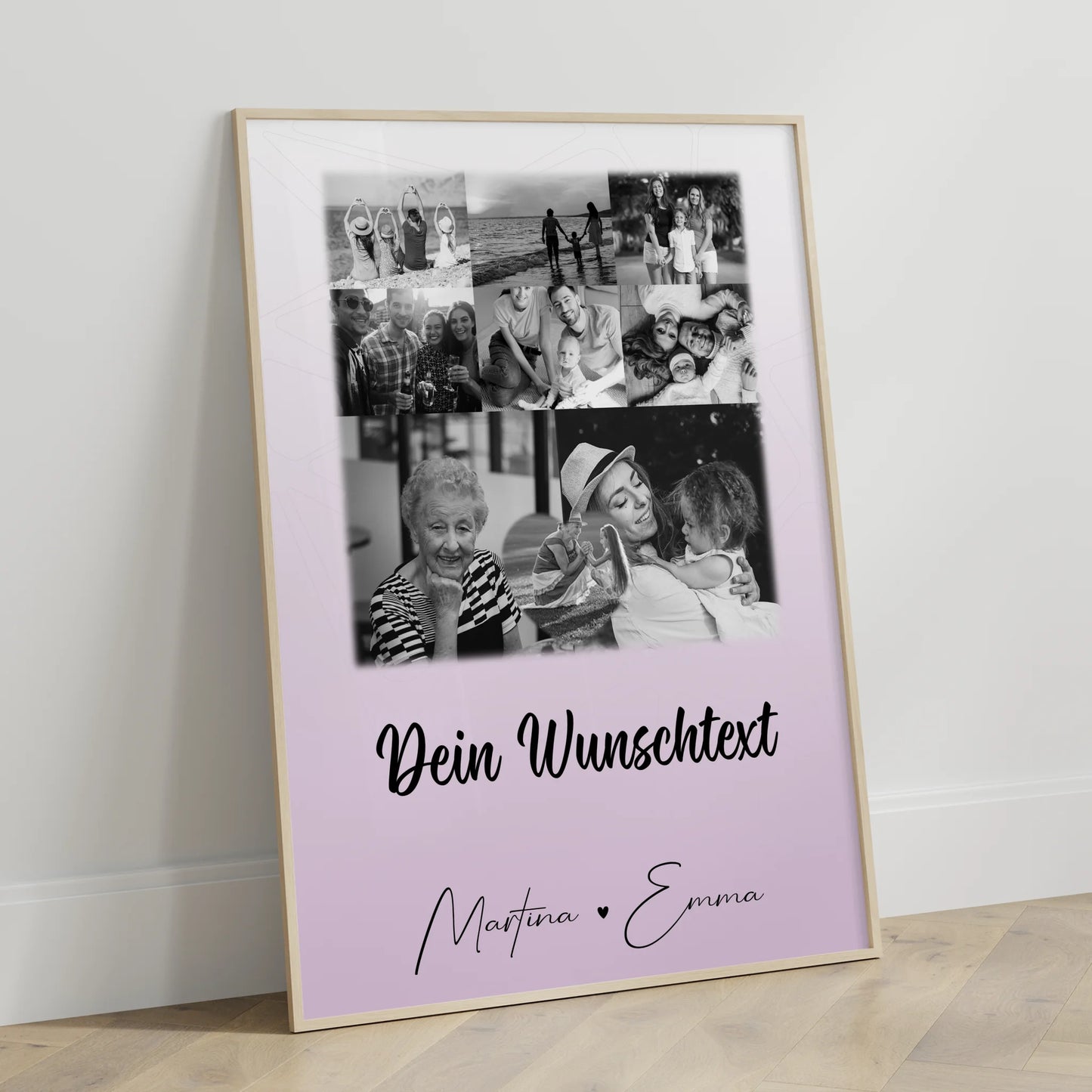 Personalisiertes Poster Namen Familie mit 8 Fotos und 1 Herz Foto und Wunschtext