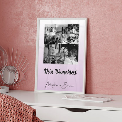 Personalisiertes Poster Namen Familie mit 8 Fotos und 1 Herz Foto und Wunschtext