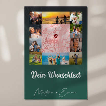 Wandbild Familie Personalisiert mit 10 Fotos Karte in der Mitte Wunschtext individuell 1