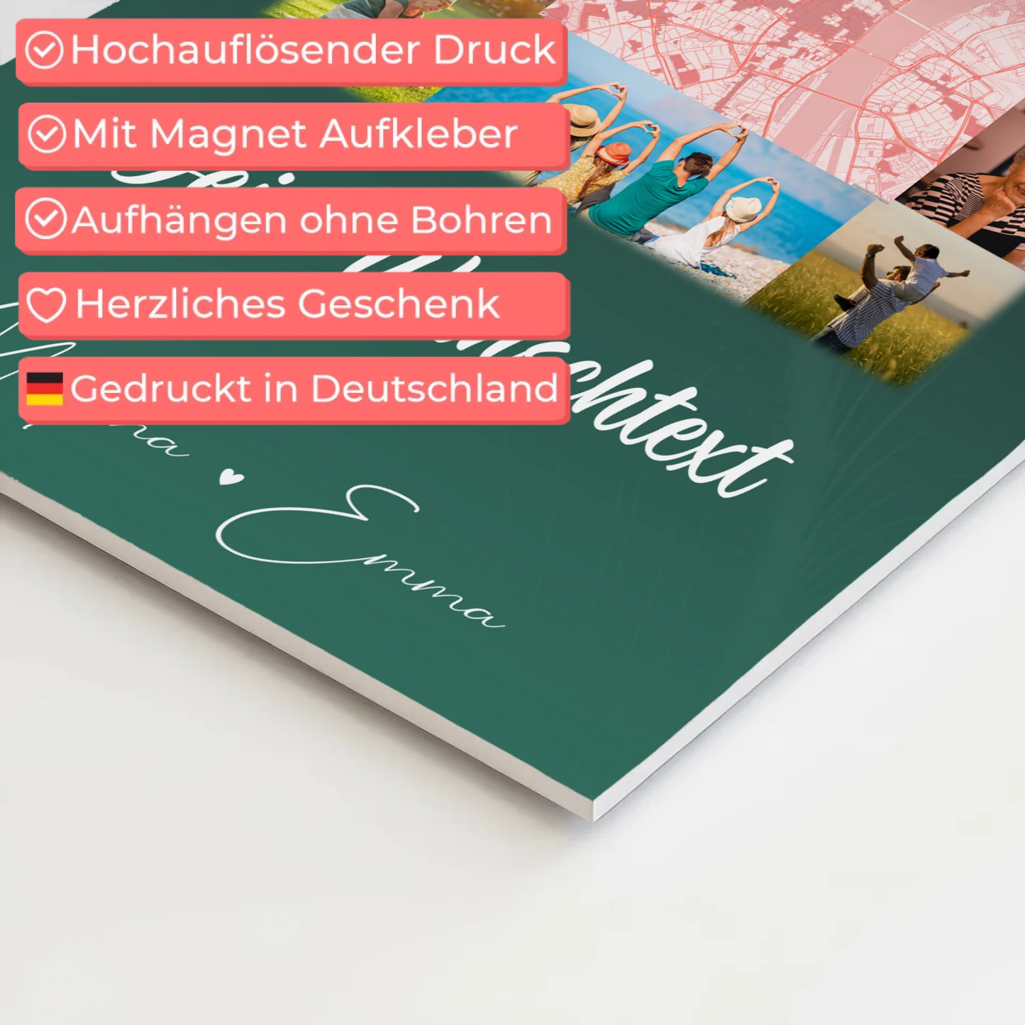 Wandbild Familie Personalisiert mit 10 Fotos Karte in der Mitte Wunschtext individuell 10