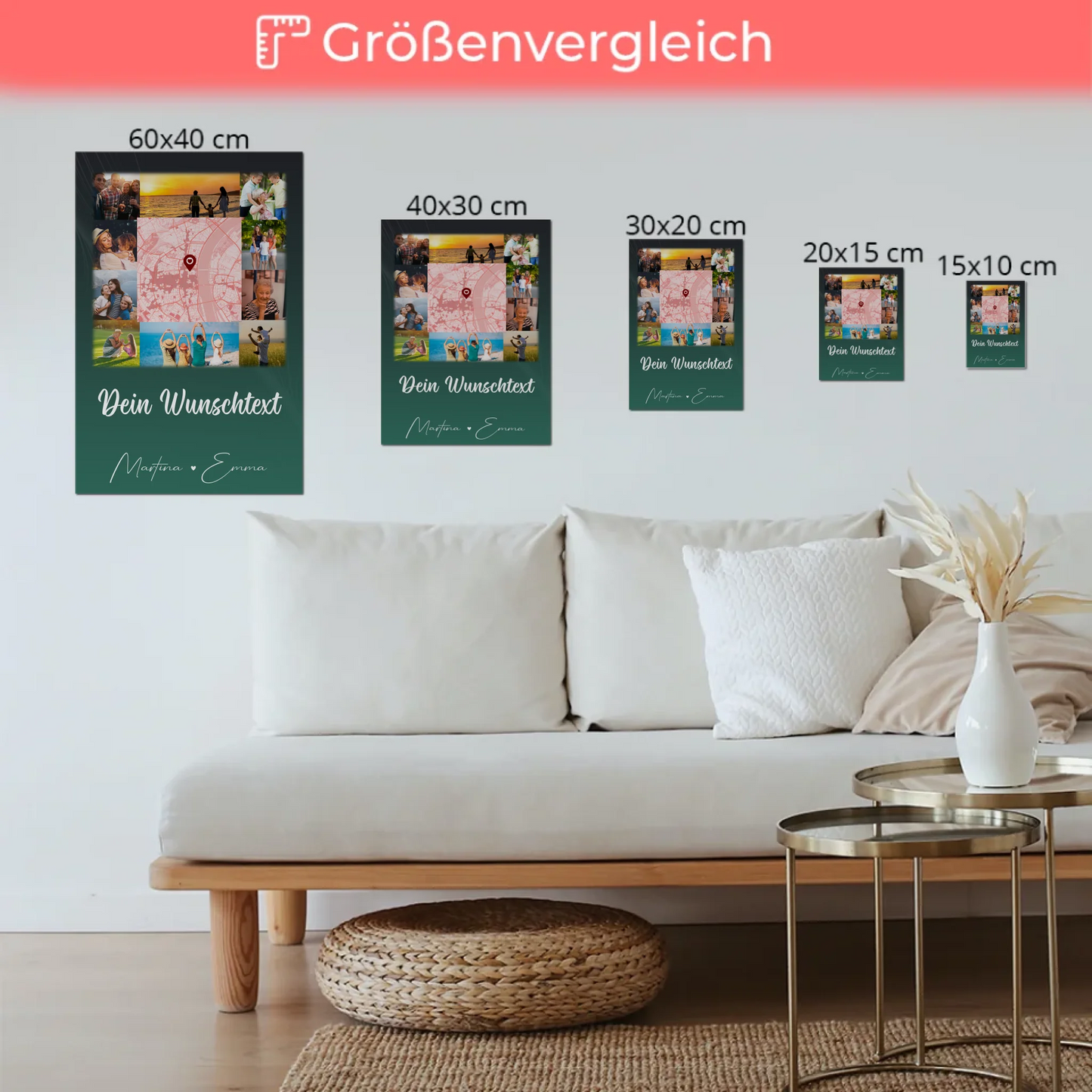 Wandbild Familie Personalisiert mit 10 Fotos Karte in der Mitte Wunschtext individuell