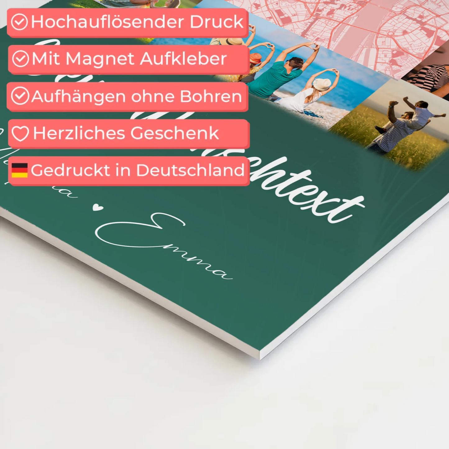 Wandbild Familie Personalisiert mit 10 Fotos Karte in der Mitte Wunschtext individuell