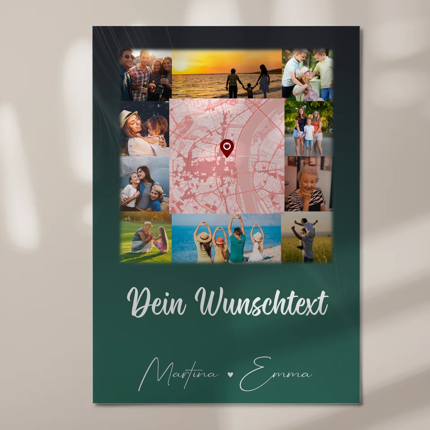 Wandbild Familie Personalisiert mit 10 Fotos Karte in der Mitte Wunschtext individuell