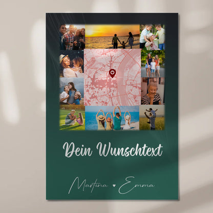 Wandbild Familie Personalisiert mit 10 Fotos Karte in der Mitte Wunschtext individuell
