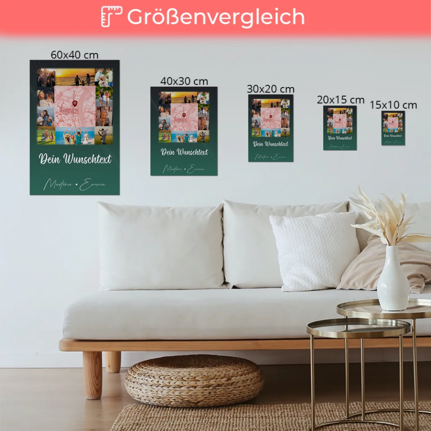 Wandbild Familie Personalisiert mit 10 Fotos Karte in der Mitte Wunschtext individuell