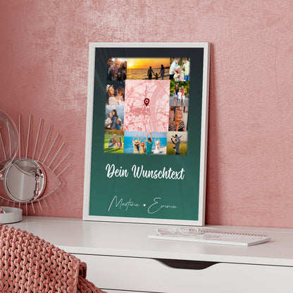 Familienposter mit Namen 10 Fotos Karte in der Mitte und Wunschtext