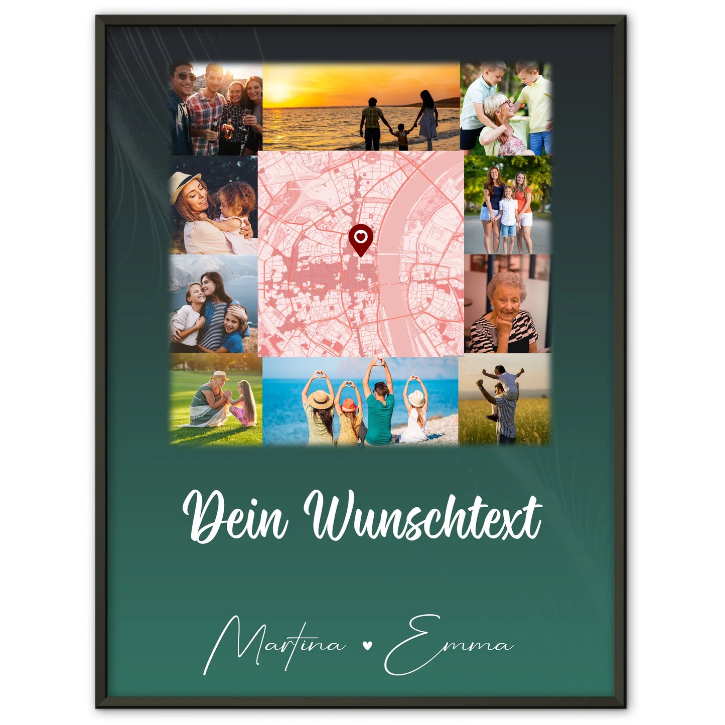 Familienposter mit Namen 10 Fotos Karte in der Mitte und Wunschtext