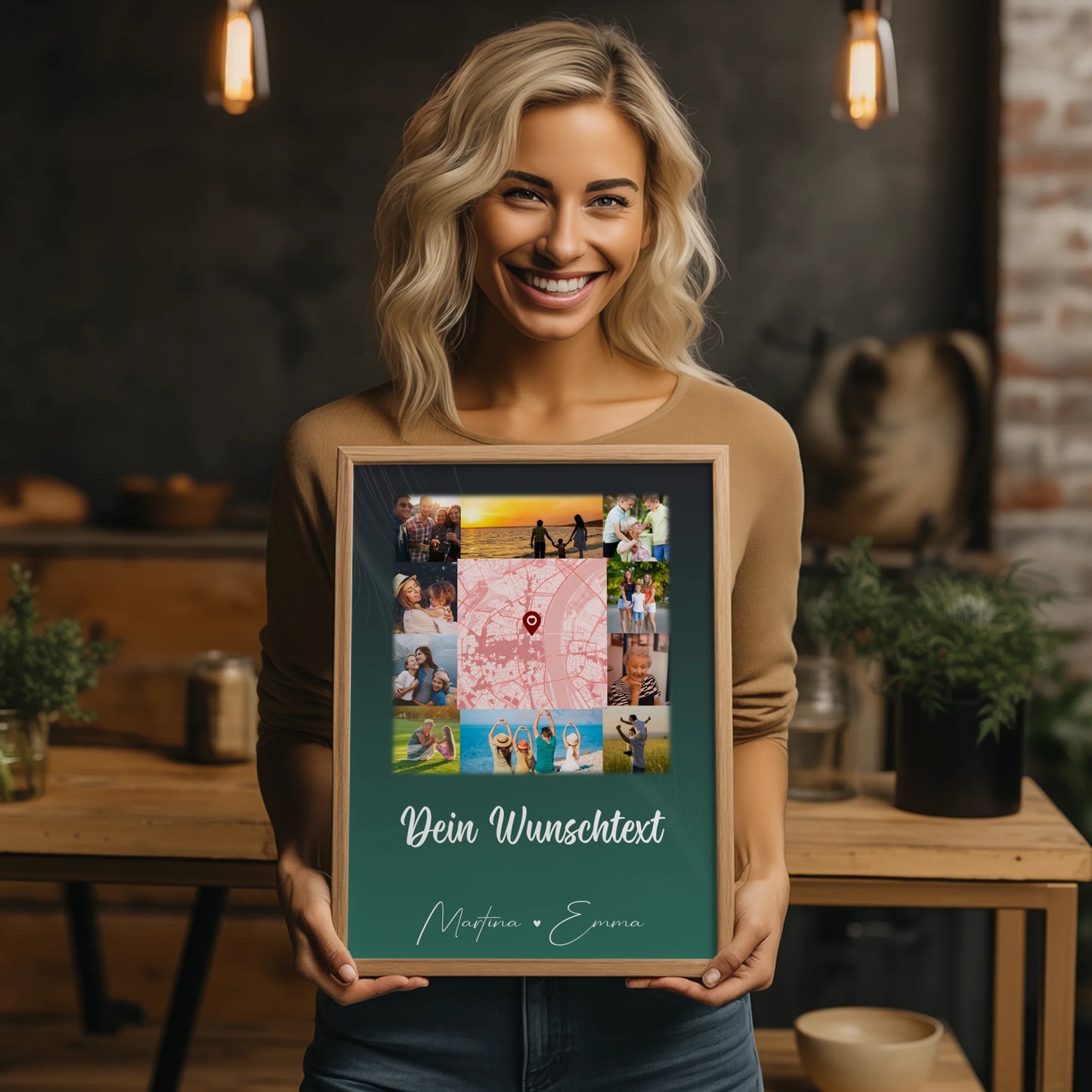 Familienposter mit Namen 10 Fotos Karte in der Mitte und Wunschtext