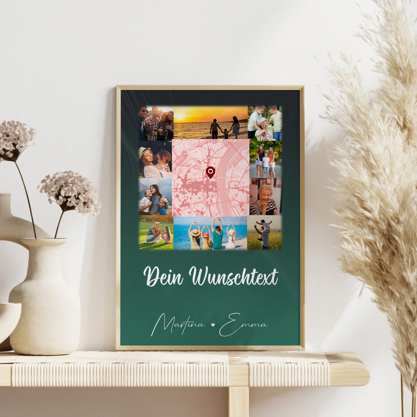 Familienposter mit Namen 10 Fotos Karte in der Mitte und Wunschtext