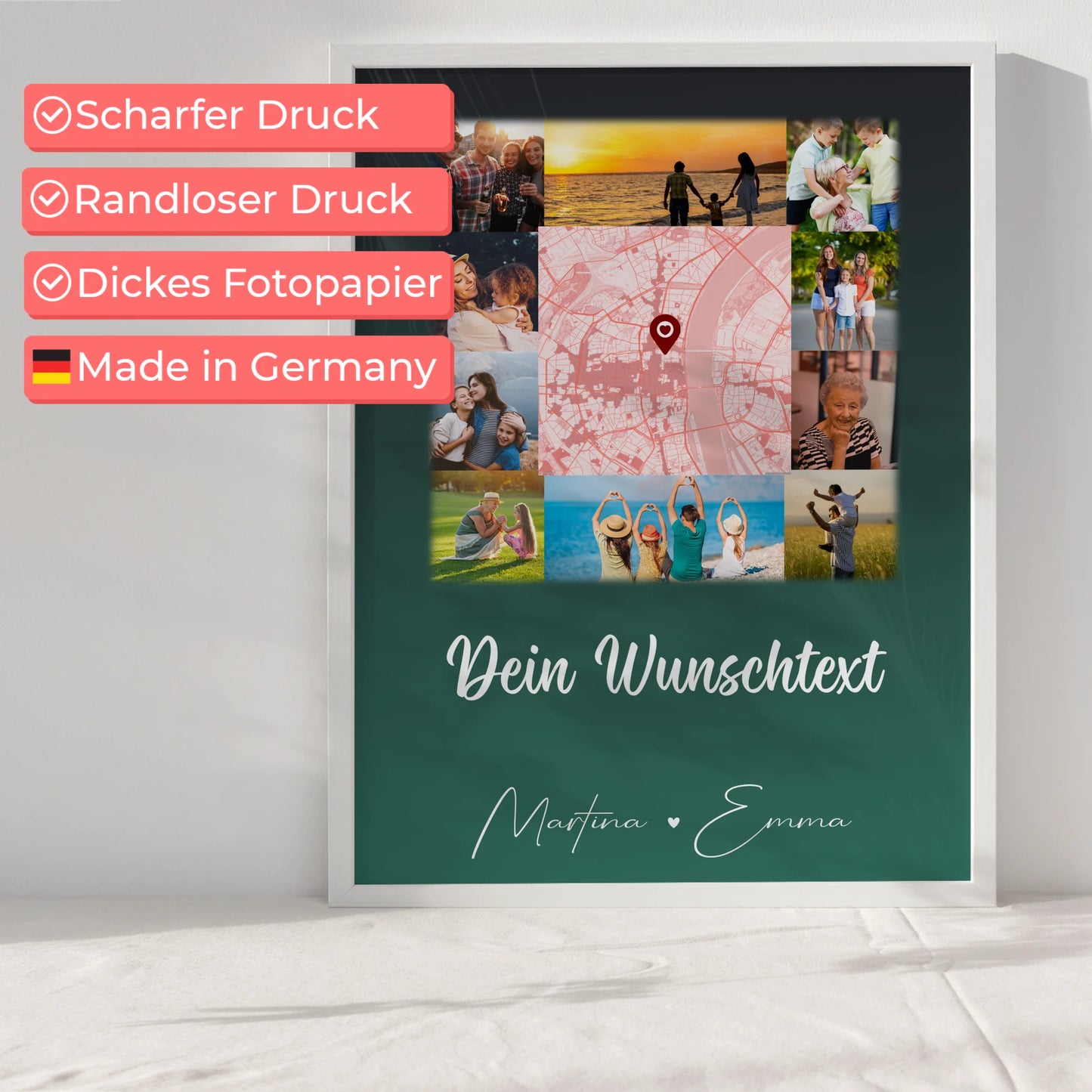 Familienposter mit Namen 10 Fotos Karte in der Mitte und Wunschtext