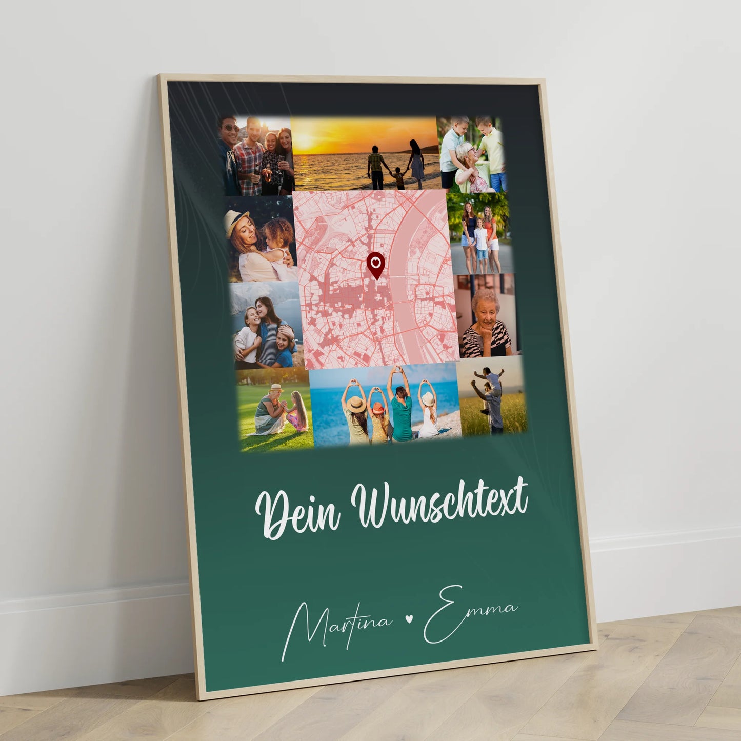 Familienposter mit Namen 10 Fotos Karte in der Mitte und Wunschtext