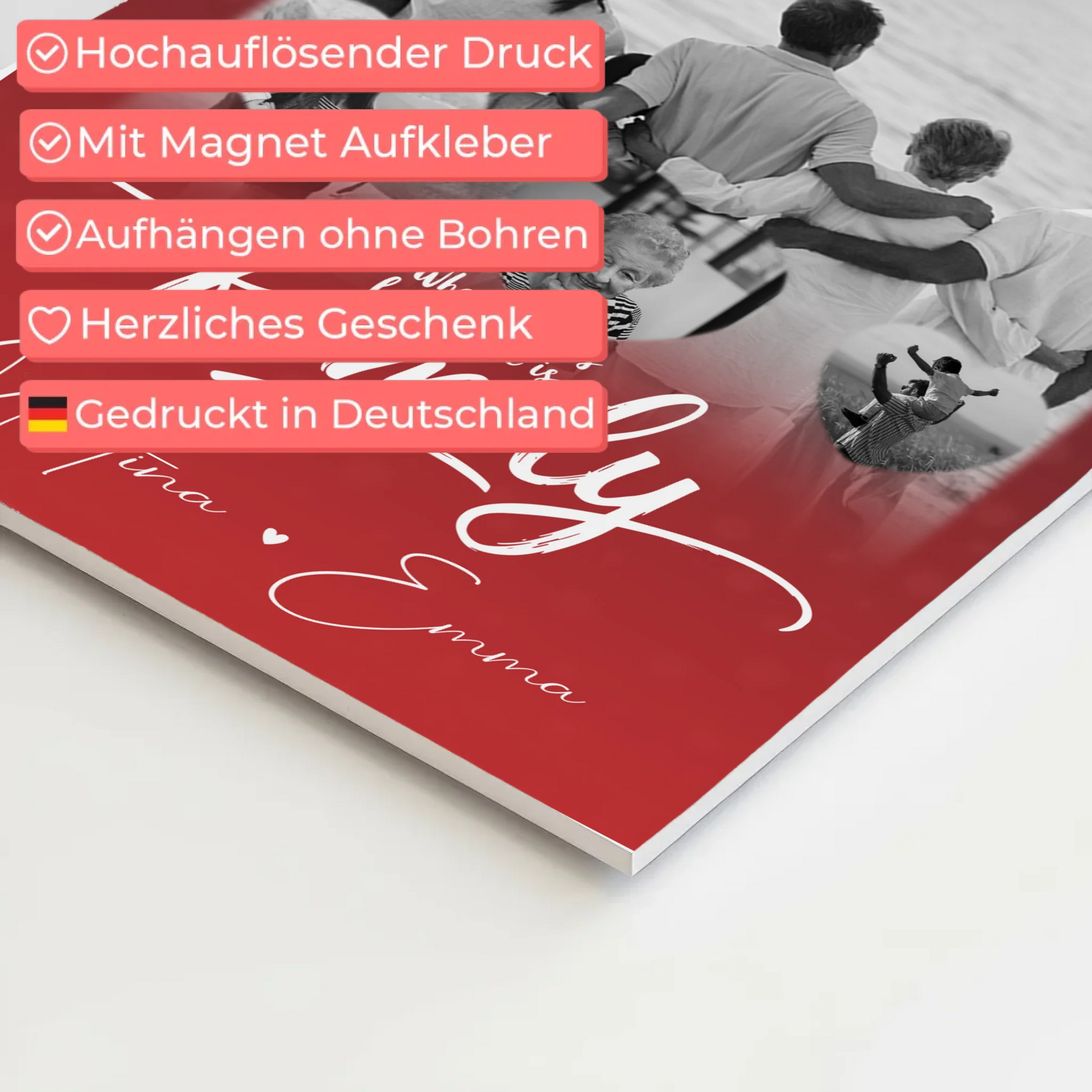 Wandbild Familie Personalisiert mit 1 Foto und 3 Kleine Herz Fotos Family 4