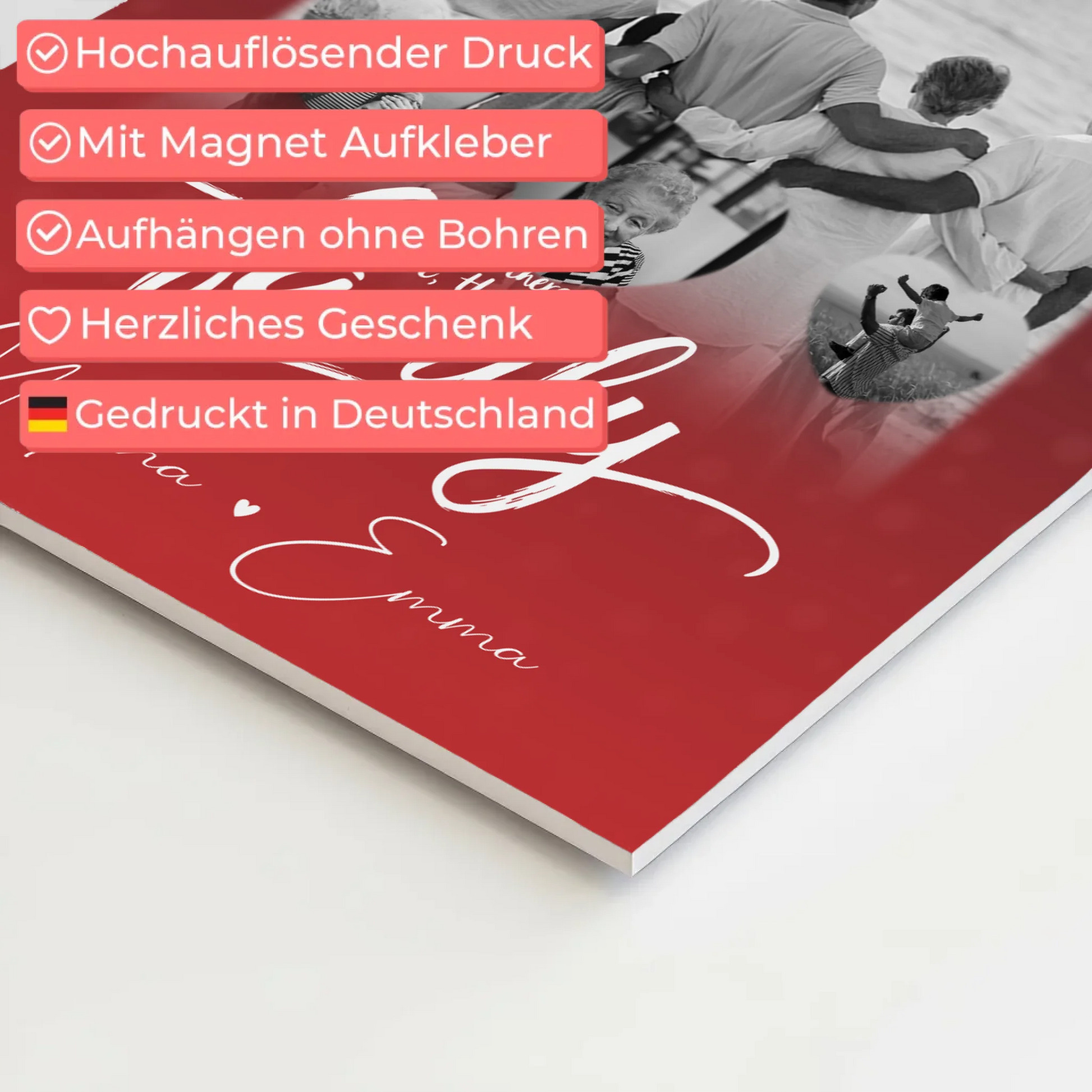 Wandbild Familie Personalisiert mit 1 Foto und 3 Kleine Herz Fotos Family 10