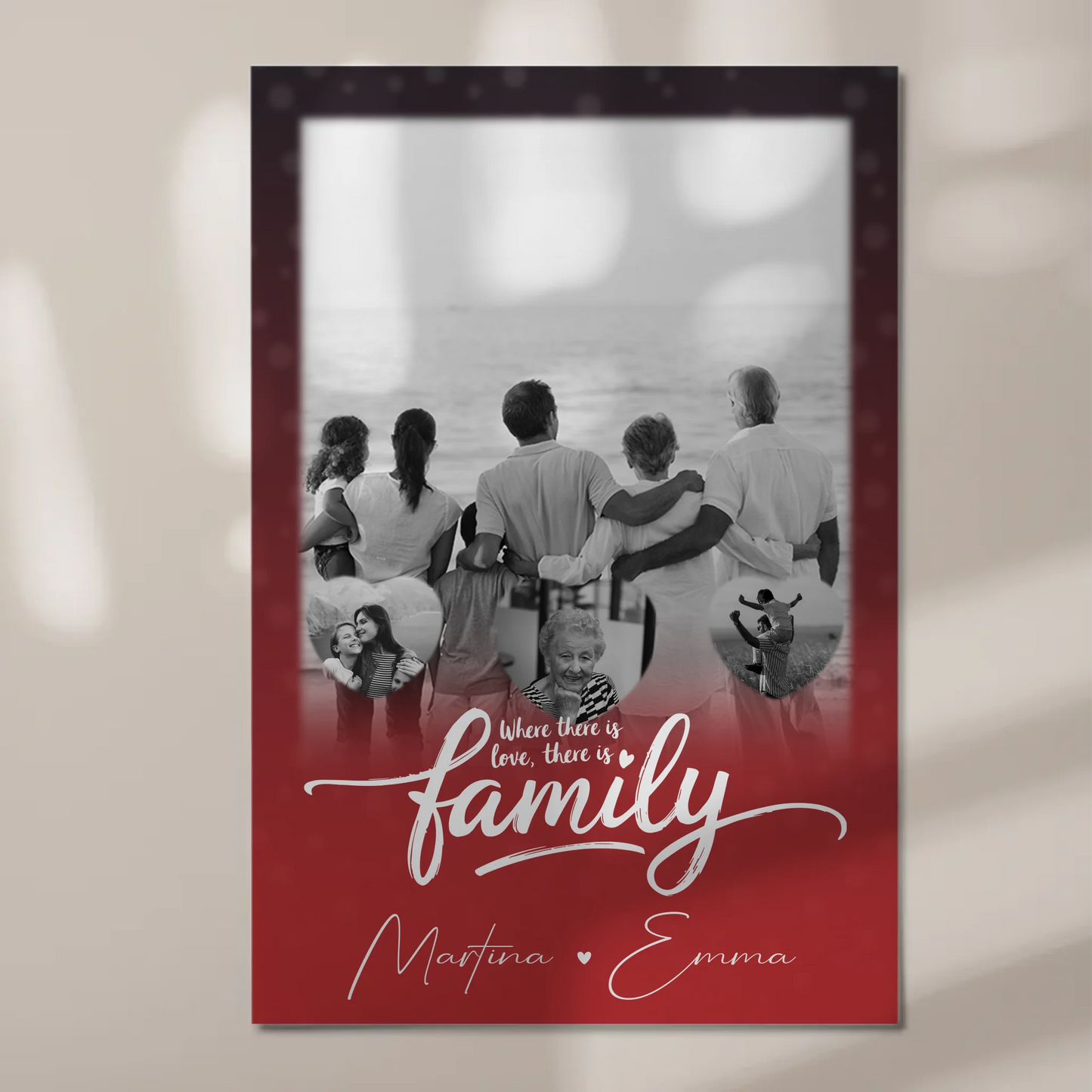 Wandbild Familie Personalisiert mit 1 Foto und 3 Kleine Herz Fotos Family