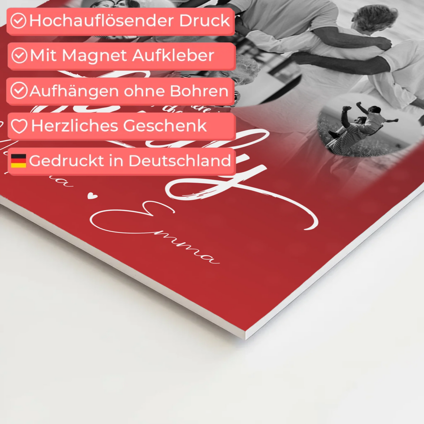 Wandbild Familie Personalisiert mit 1 Foto und 3 Kleine Herz Fotos Family