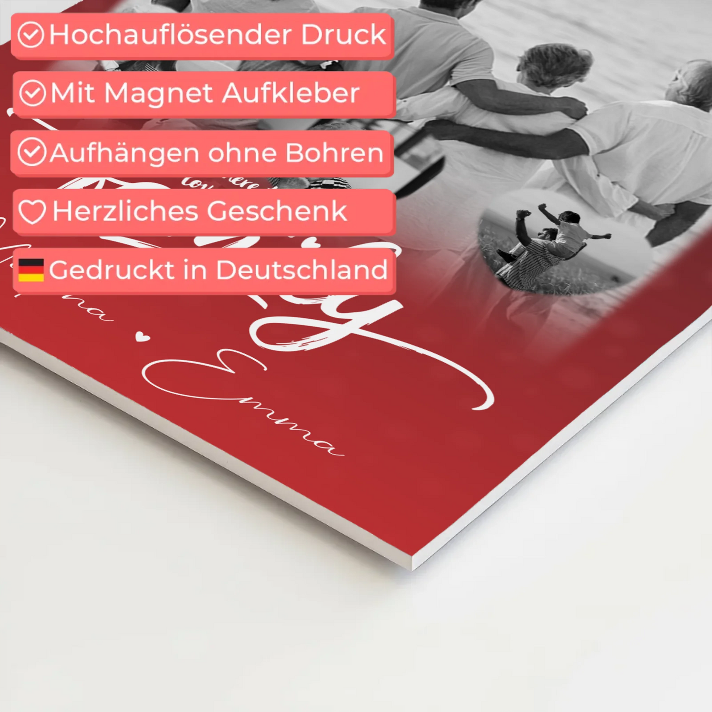 Wandbild Familie Personalisiert mit 1 Foto und 3 Kleine Herz Fotos Family