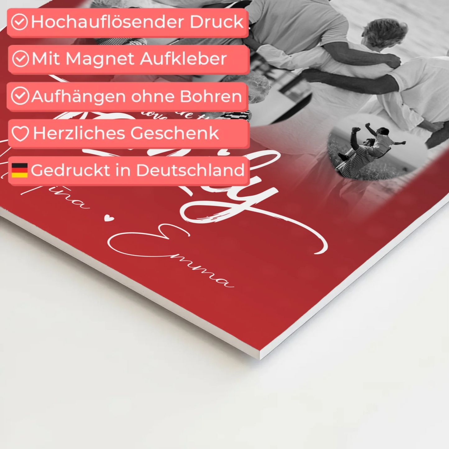 Wandbild Familie Personalisiert mit 1 Foto und 3 Kleine Herz Fotos Family