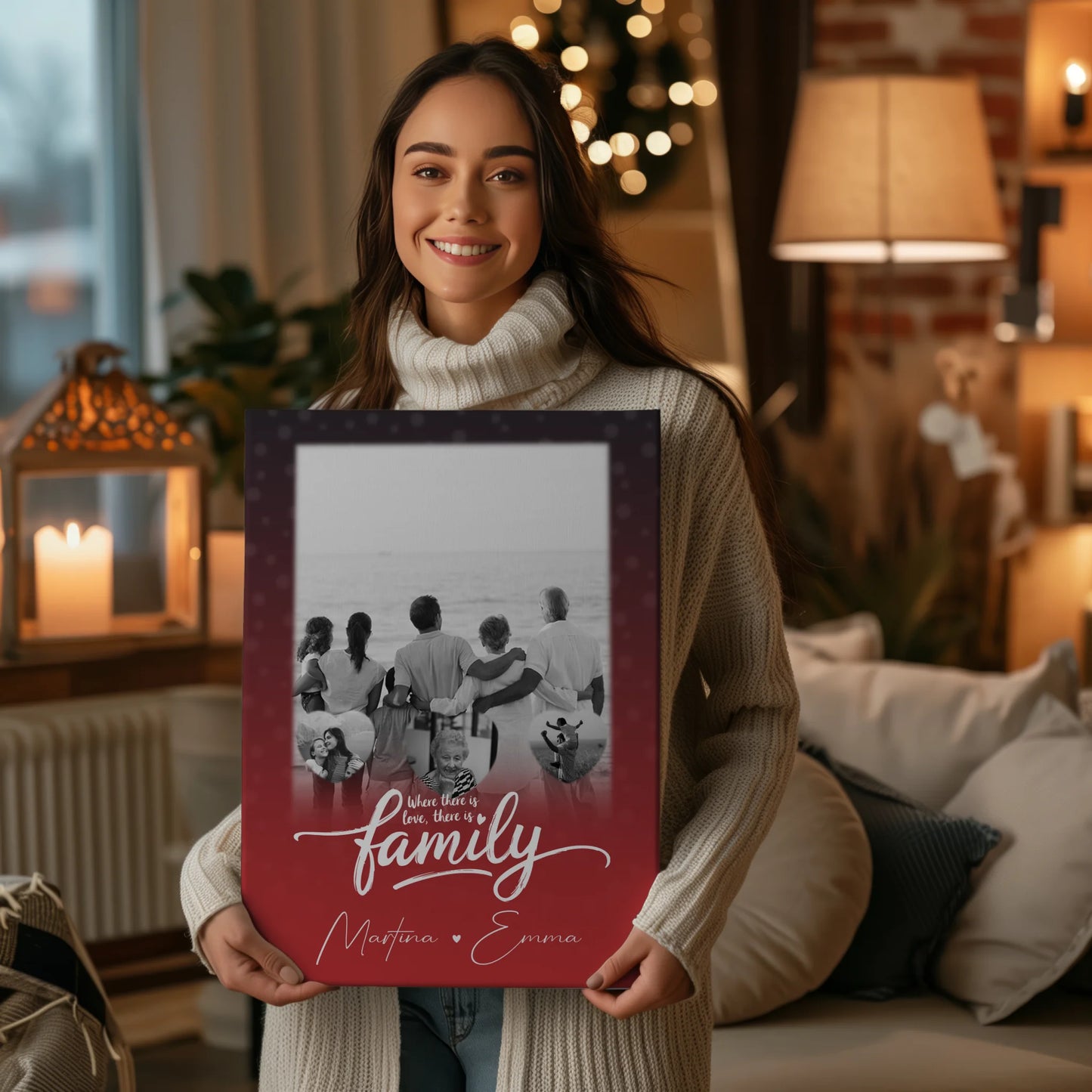Leinwand Wandbild Familie Personalisiert mit 1 Foto und 3 Herz Fotos 2