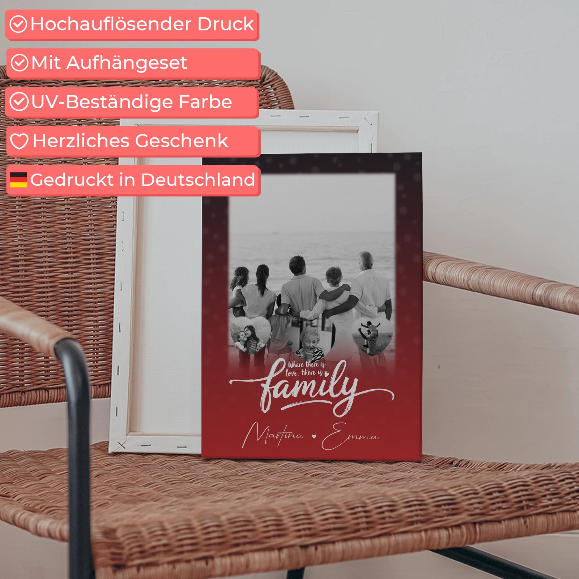 Leinwand Wandbild Familie Personalisiert mit 1 Foto und 3 Herz Fotos 5