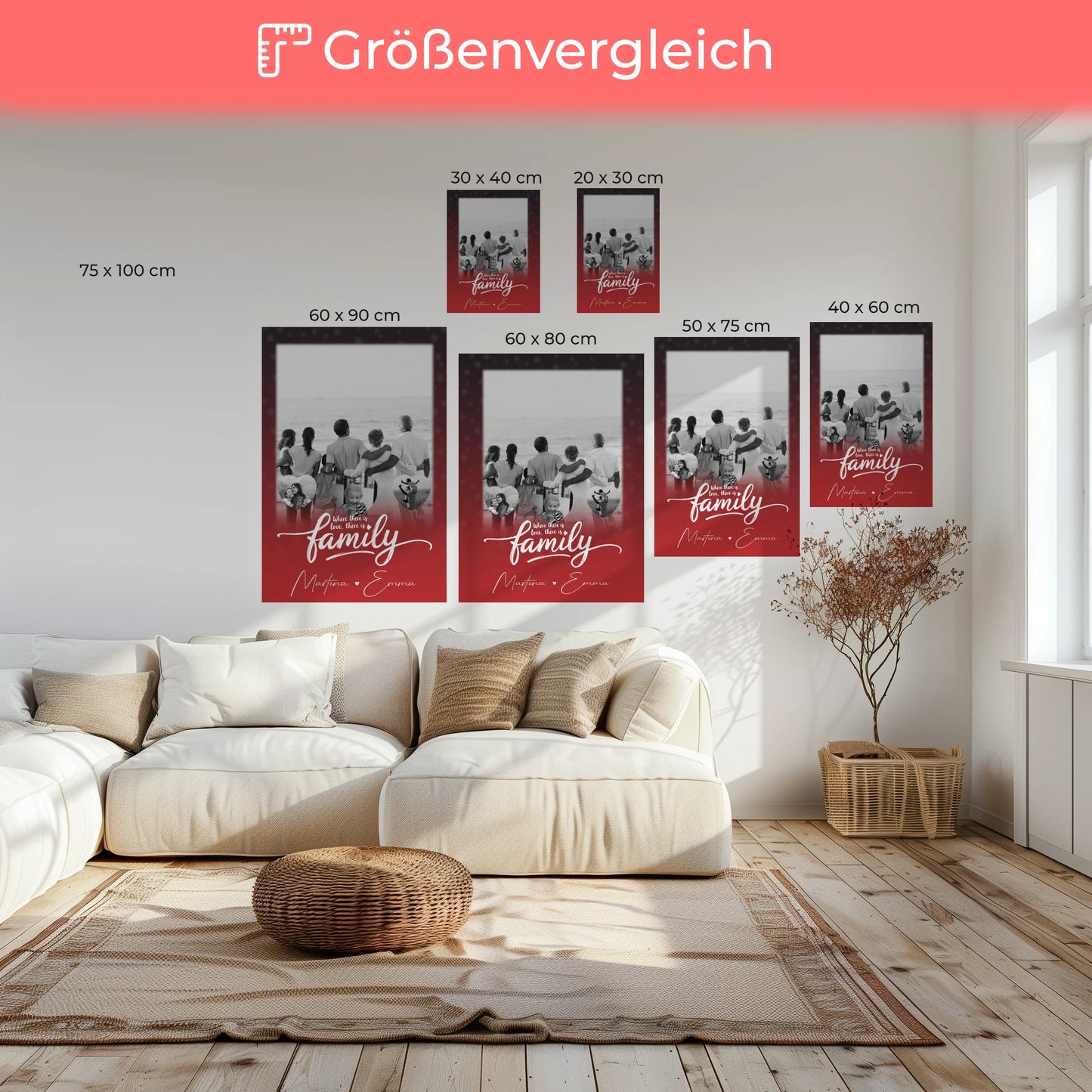 Leinwand Wandbild Familie Personalisiert mit 1 Foto und 3 Herz Fotos 6