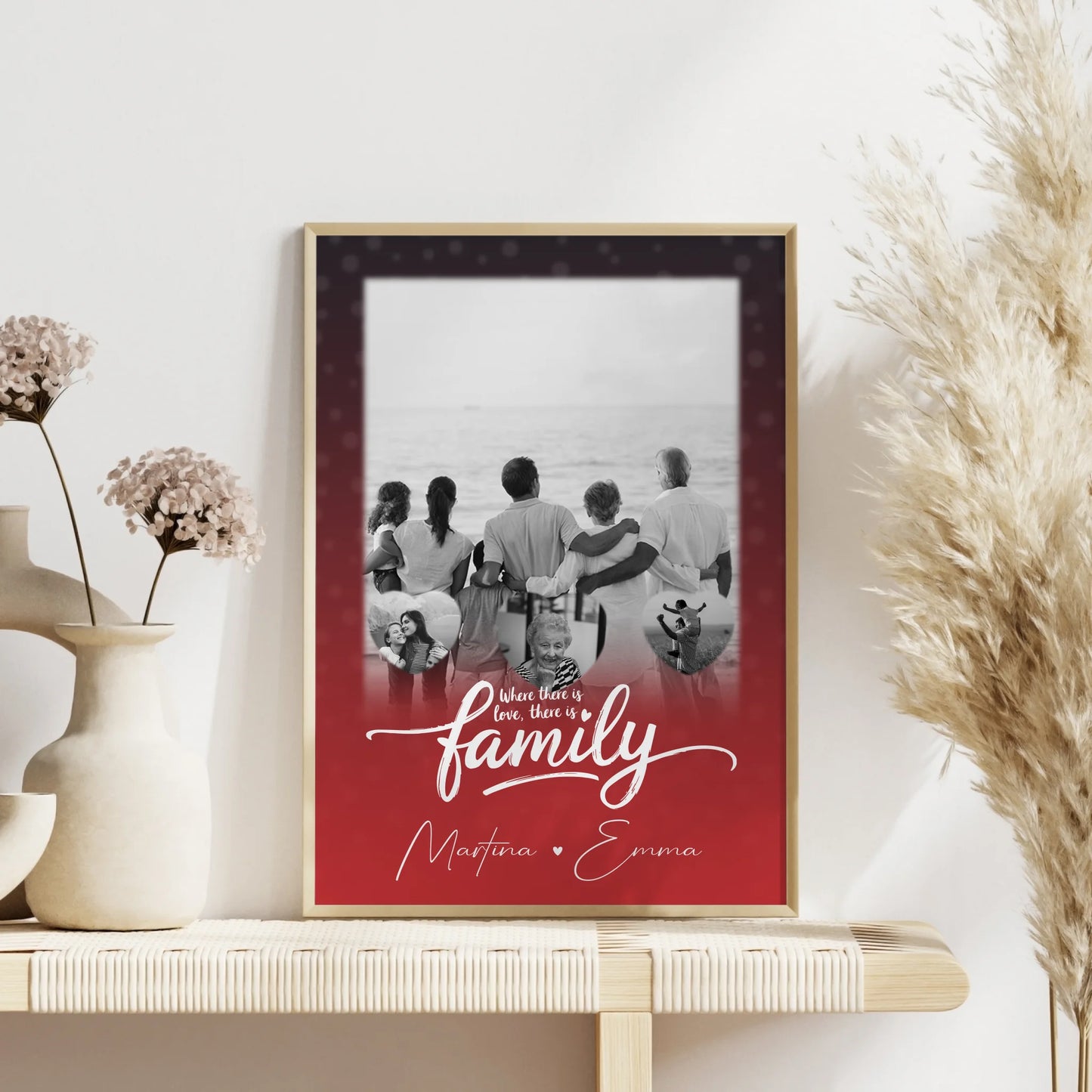 Family Poster Namen Familie mit 1 Foto und 3 kleine Herz Fotos