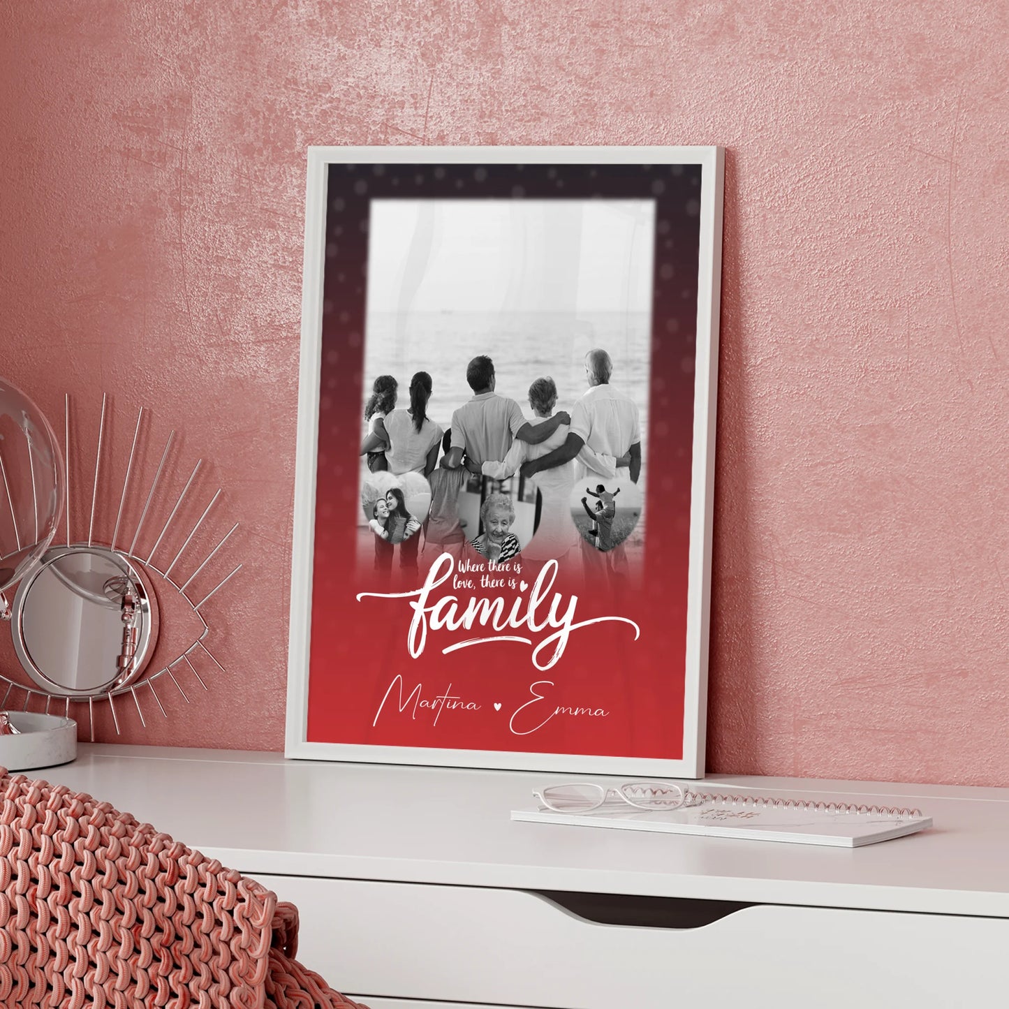 Family Poster Namen Familie mit 1 Foto und 3 kleine Herz Fotos