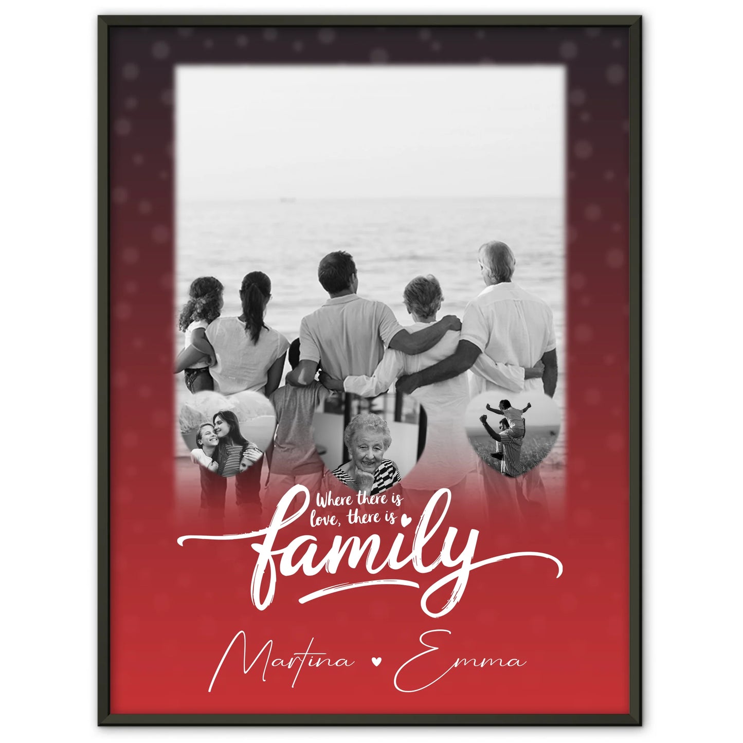 Family Poster Namen Familie mit 1 Foto und 3 kleine Herz Fotos