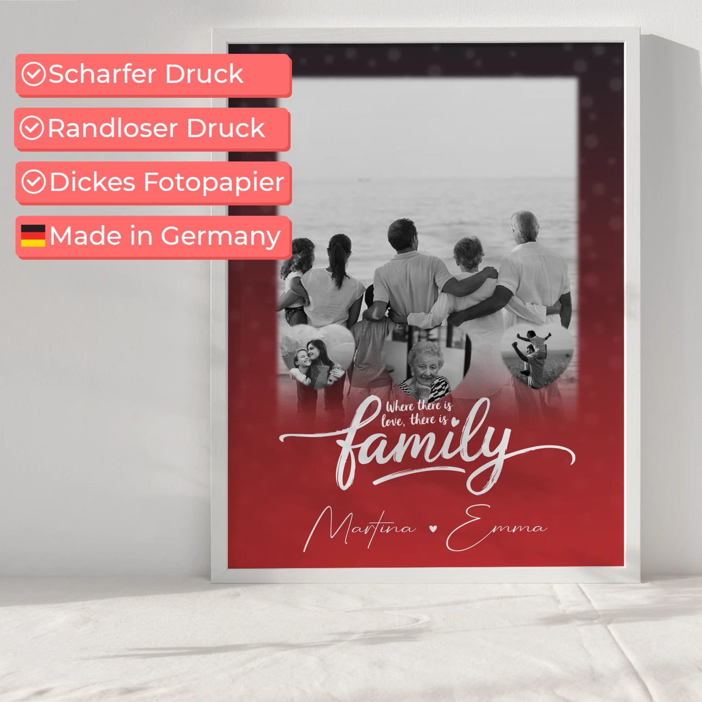 Family Poster Namen Familie mit 1 Foto und 3 kleine Herz Fotos