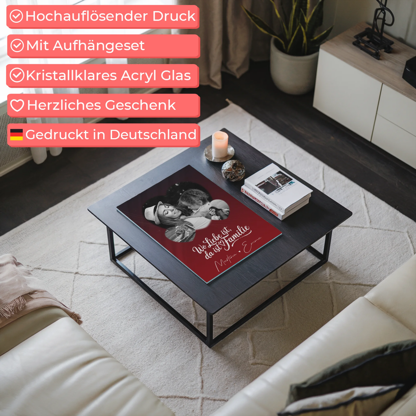 Familienbild Personalisiert Acrylglas Bild mit 3 Herz Fotos für Familienmomente