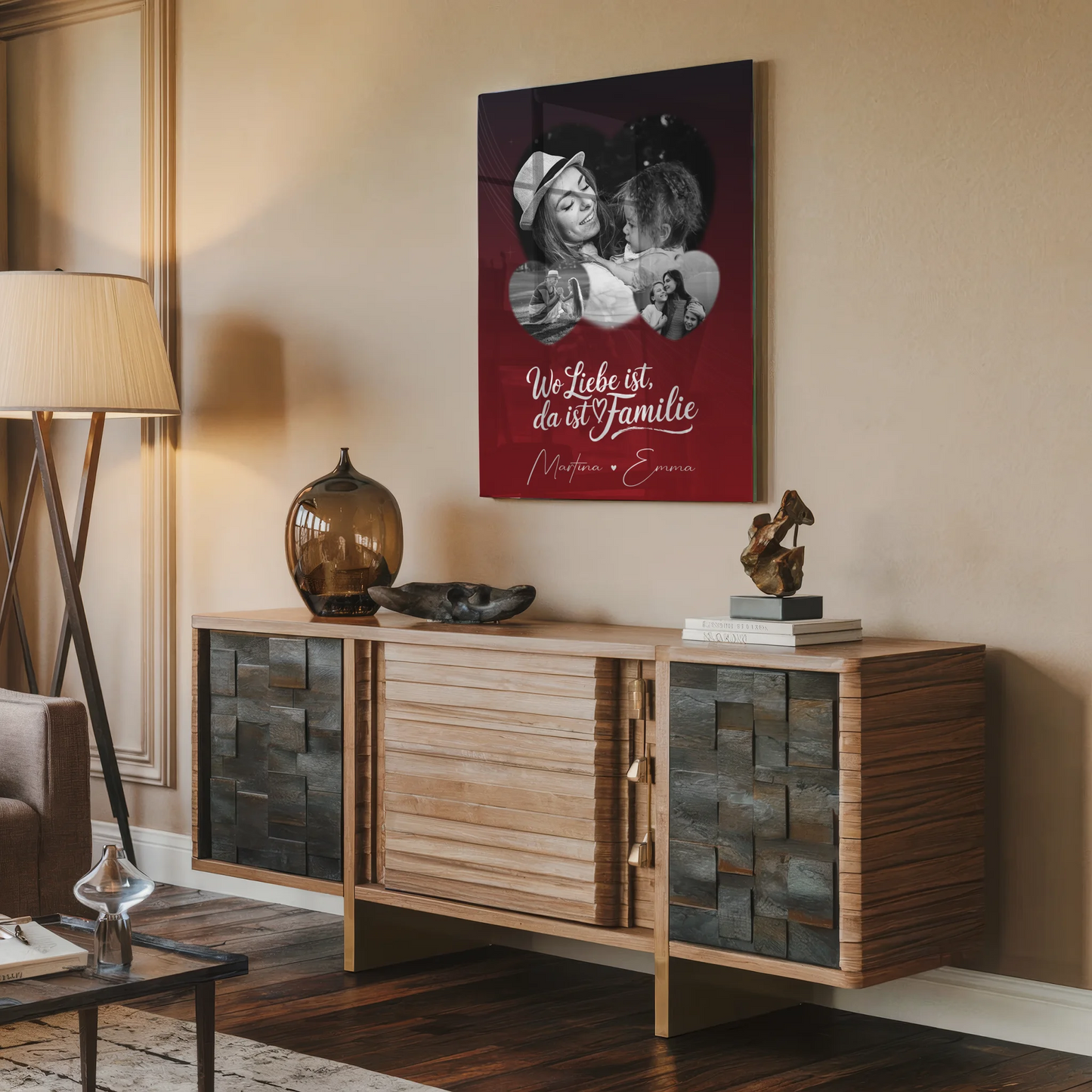 Familienbild Personalisiert Acrylglas Bild mit 3 Herz Fotos für Familienmomente