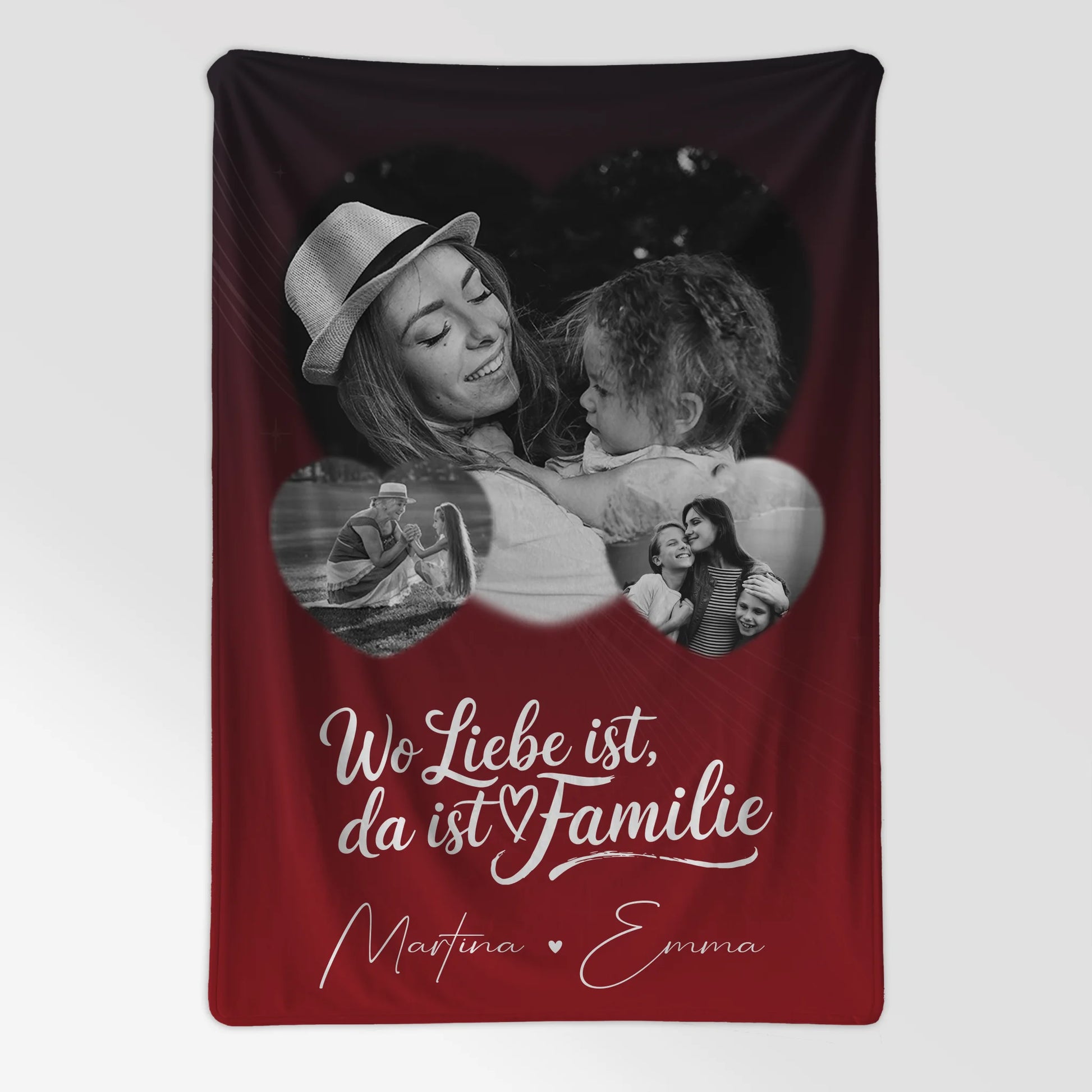Personalisierte Namensdecke mit 3 Herz Fotos für ein Zuhause Wo Familie ist 7