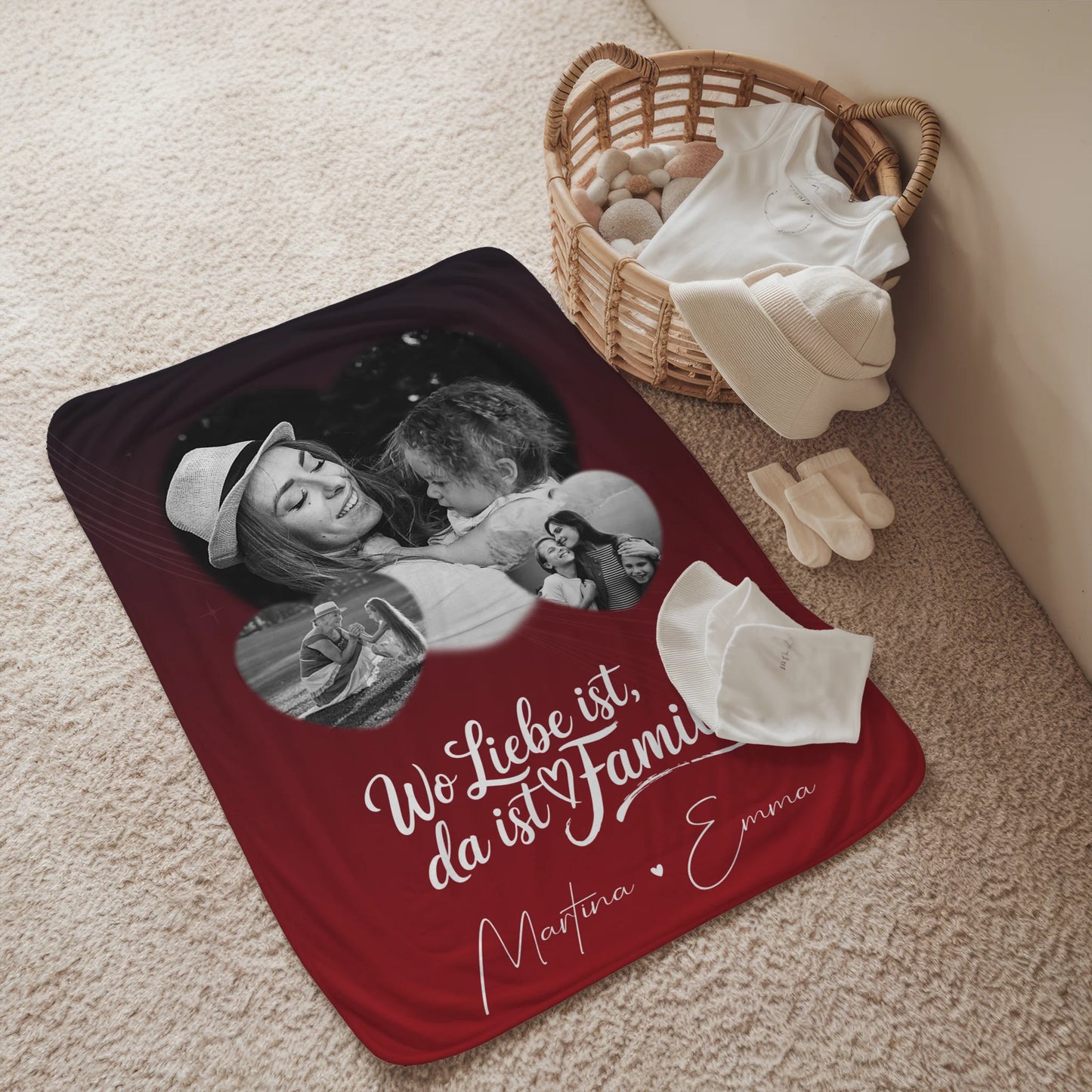 Personalisierte Namensdecke mit 3 Herz Fotos für ein Zuhause Wo Familie ist 2