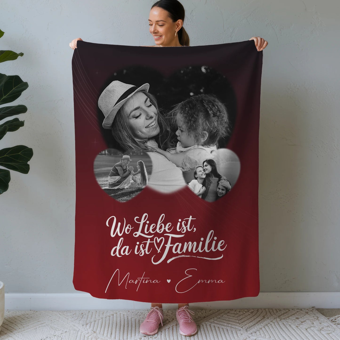 Personalisierte Namensdecke mit 3 Herz Fotos für ein Zuhause Wo Familie ist 1
