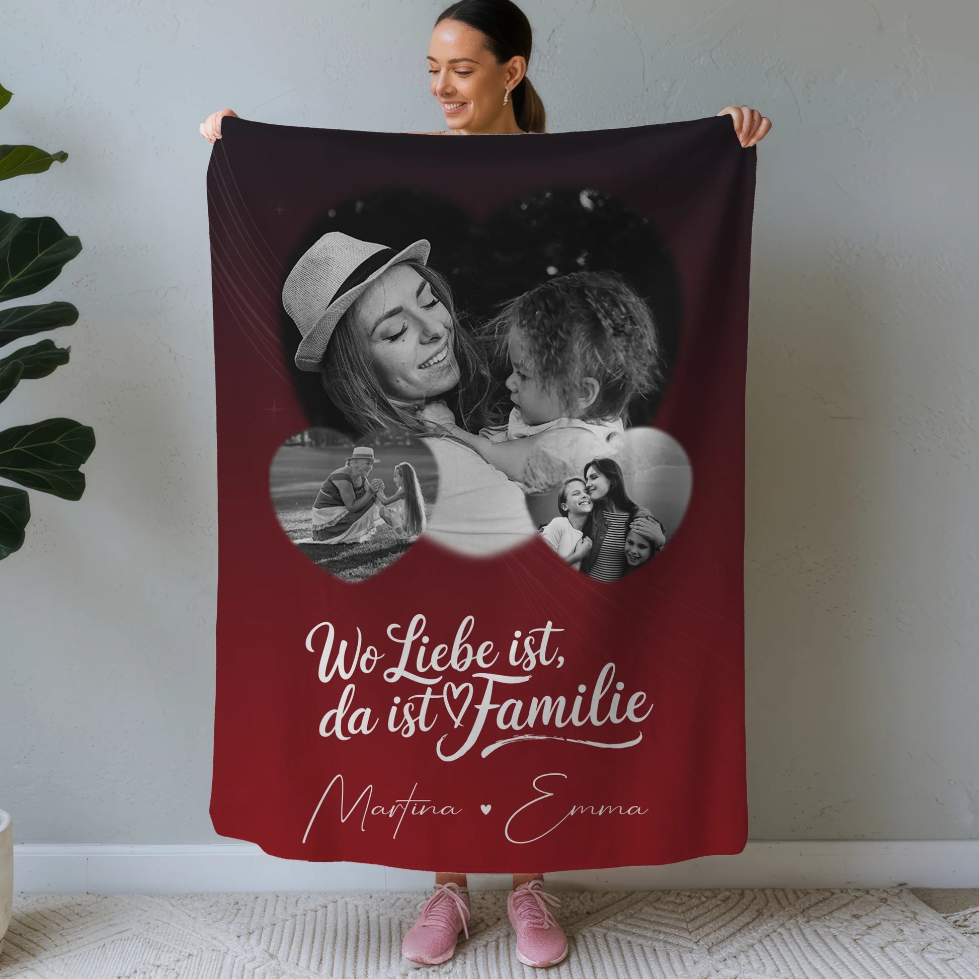 Personalisierte Namensdecke mit 3 Herz Fotos für ein Zuhause Wo Familie ist 1
