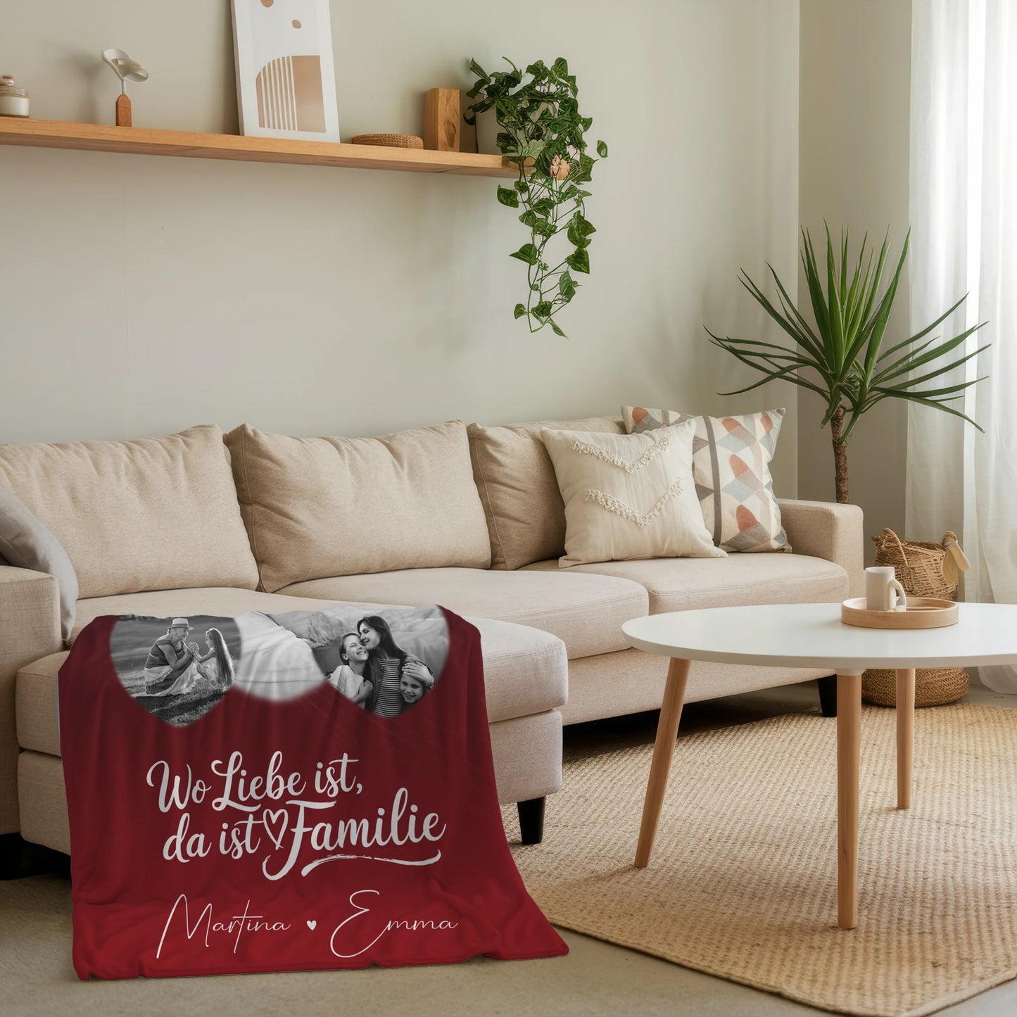 Personalisierte Namensdecke mit 3 Herz Fotos für ein Zuhause Wo Familie ist 4