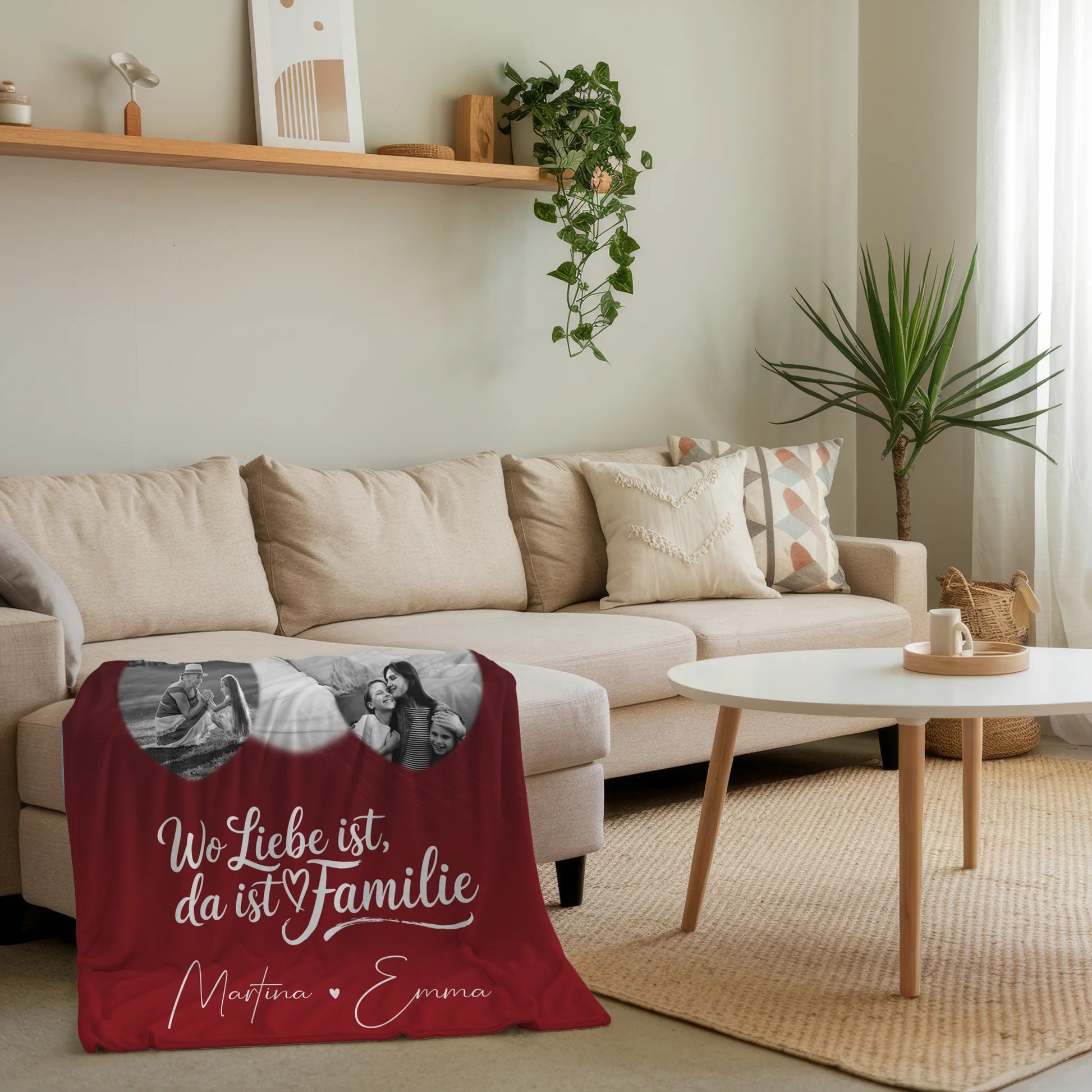 Personalisierte Namensdecke mit 3 Herz Fotos für ein Zuhause Wo Familie ist 4