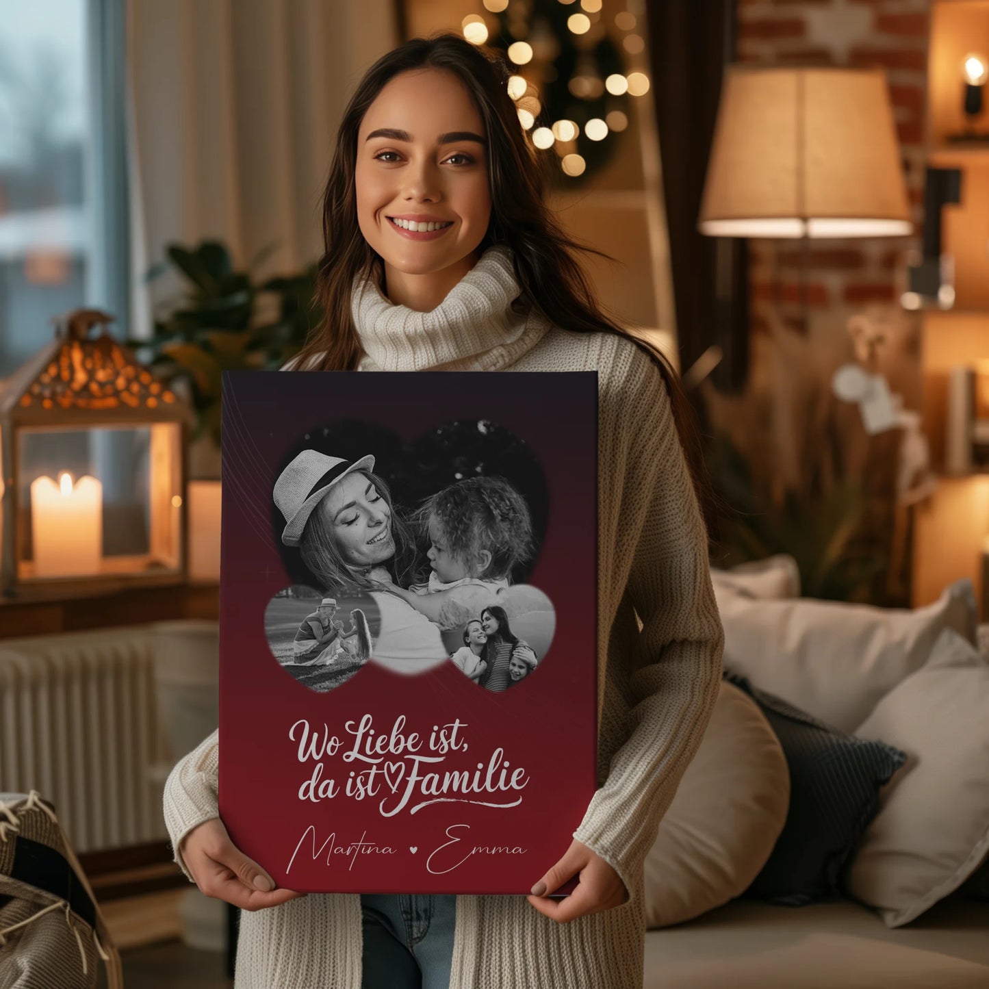 Familien Leinwand Personalisiert mit 3 Herz Fotos Wo Familie ist Perfektes Geschenk 2