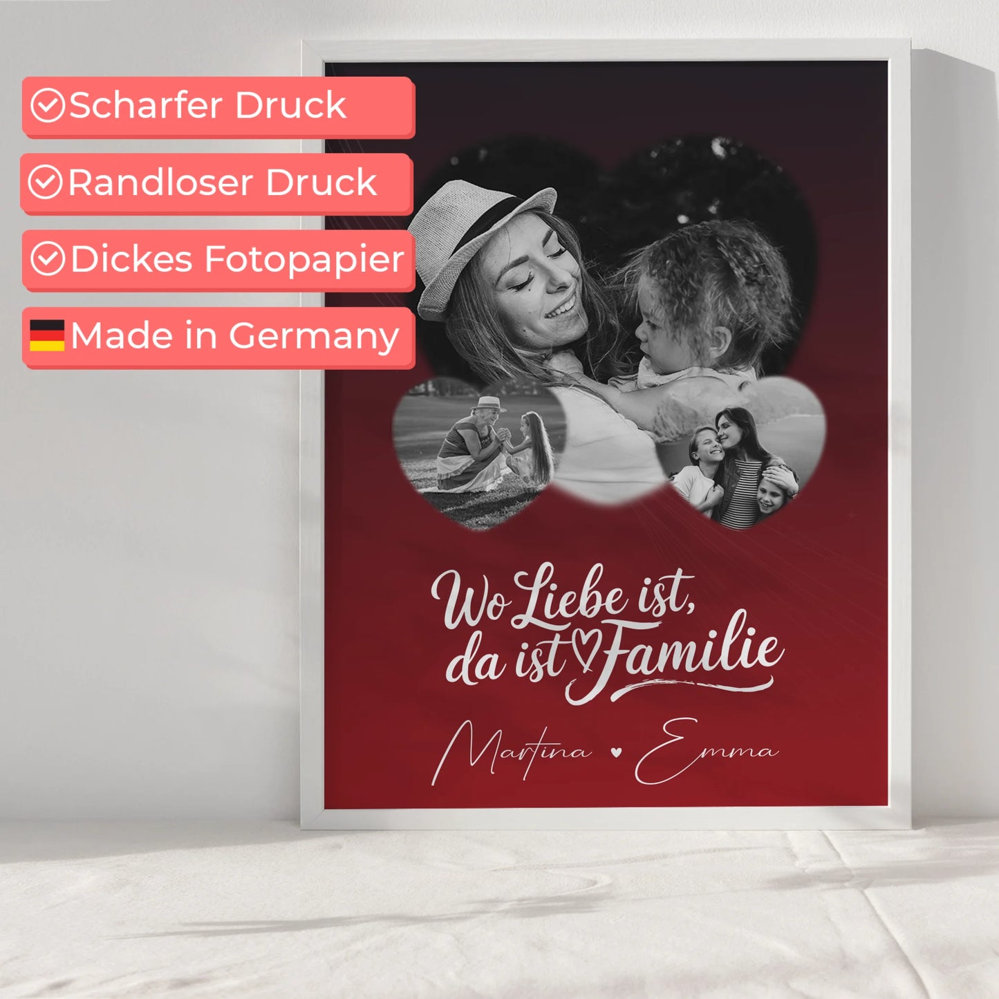 Wo Familie ist Familienposter mit Namen und 3 Herz Fotos personalisiert
