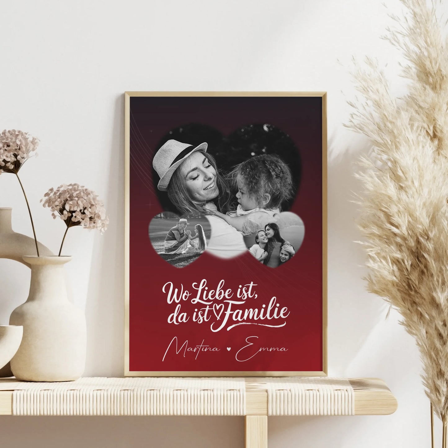 Wo Familie ist Familienposter mit Namen und 3 Herz Fotos personalisiert