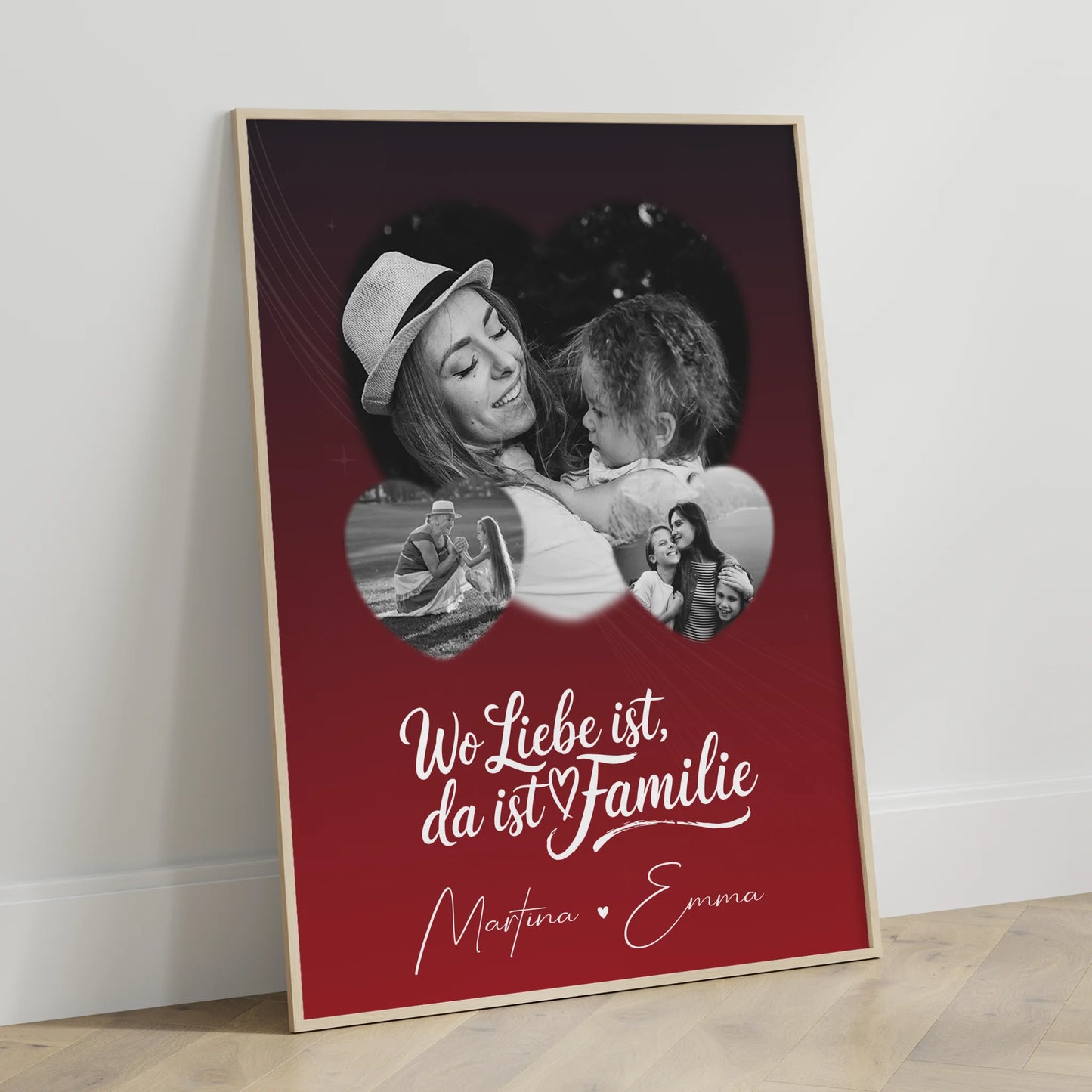 Wo Familie ist Familienposter mit Namen und 3 Herz Fotos personalisiert