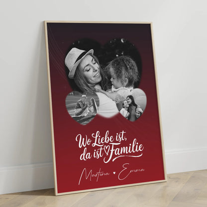Wo Familie ist Familienposter mit Namen und 3 Herz Fotos personalisiert