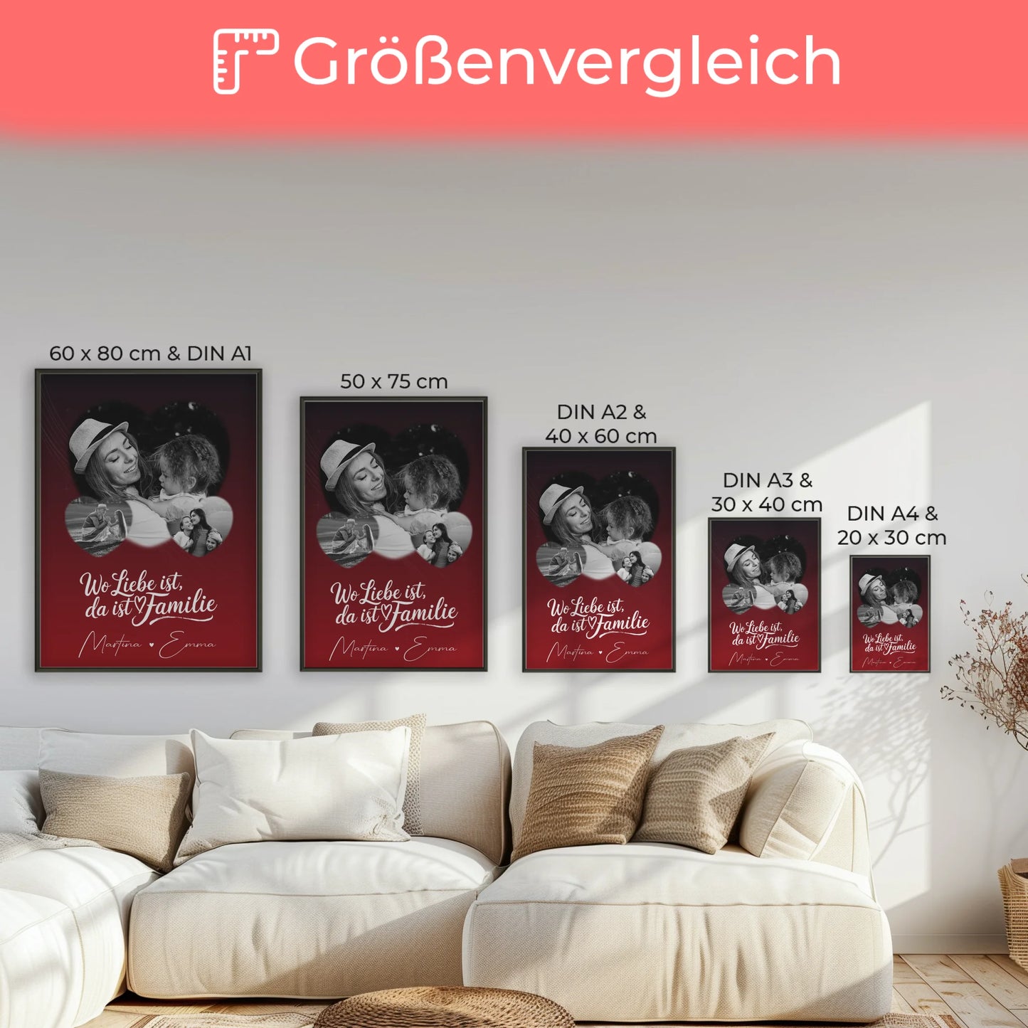 Wo Familie ist Familienposter mit Namen und 3 Herz Fotos personalisiert