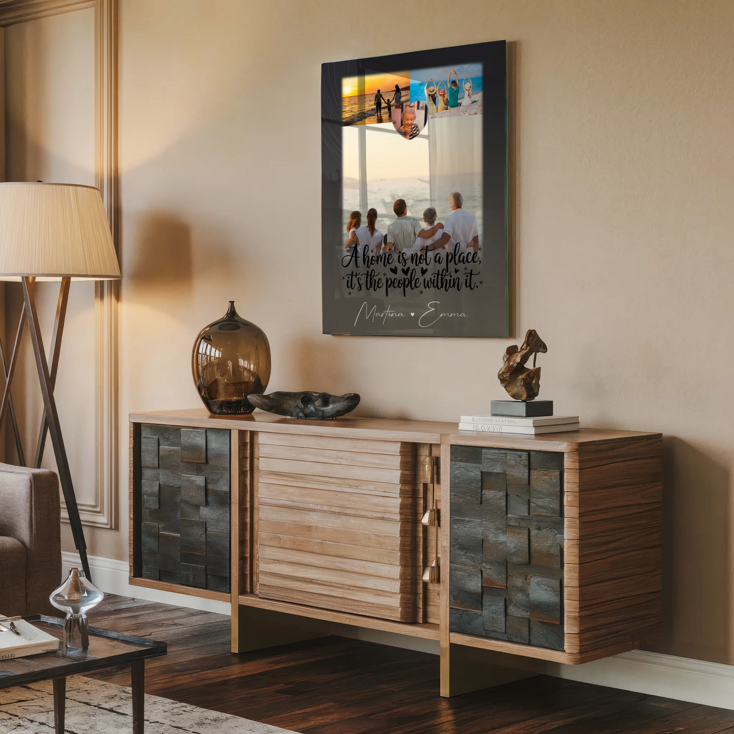 Wandbild Familie Personalisiert mit 3 Fotos und Herz Foto Home is dein Ort