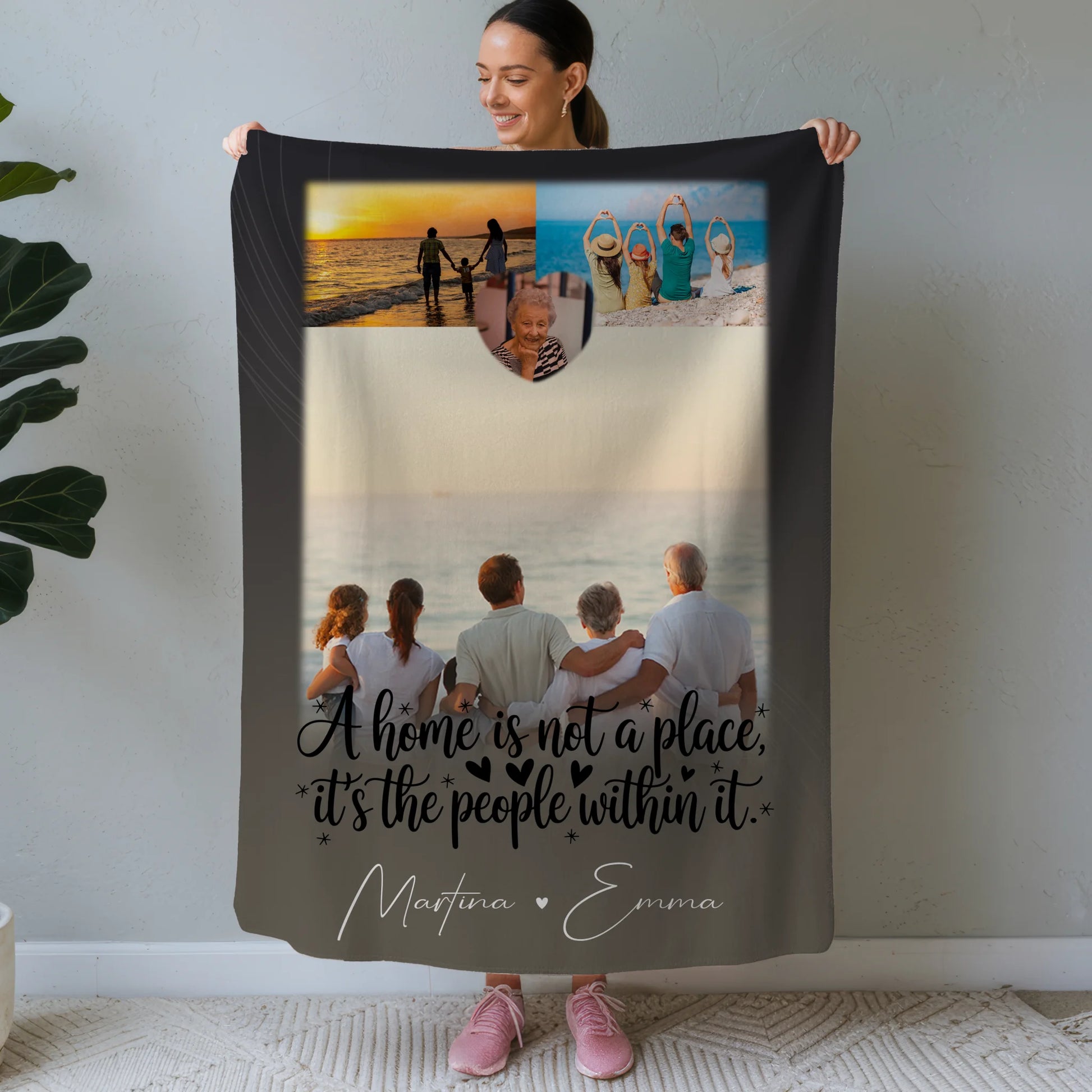 Personalisierte Decke Mit Namen 3 Fotos und 1 Herz Foto Home is Geschenk für Familie und Freunde 1