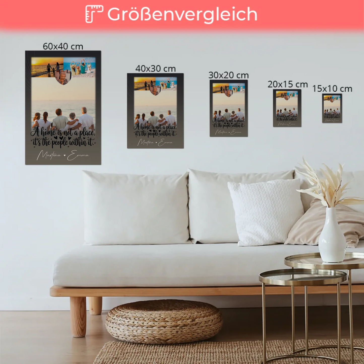 Familienbild Personalisiert mit 3 Fotos und 1 Herz Foto Home is Geschenk für die Familie