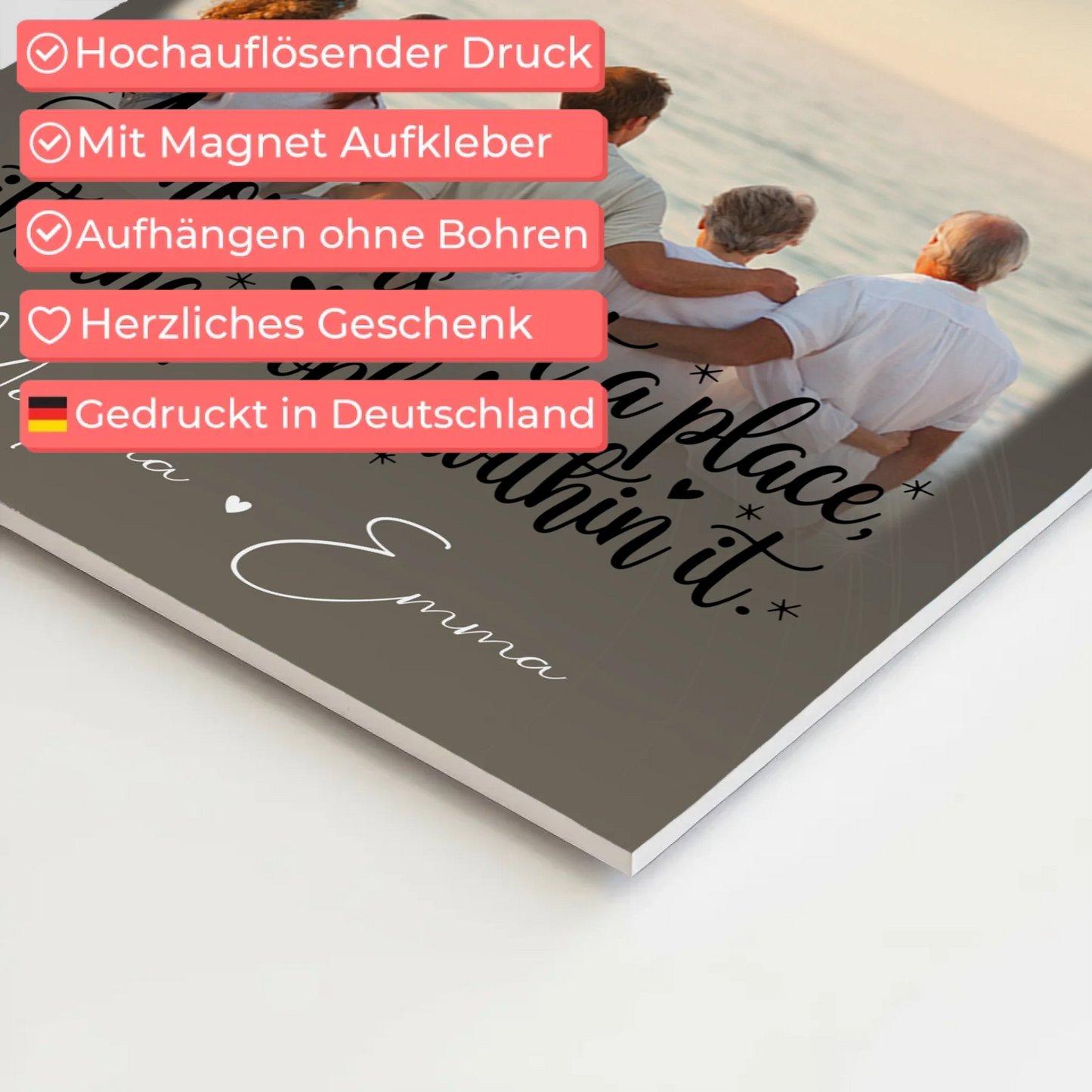 Familienbild Personalisiert mit 3 Fotos und 1 Herz Foto Home is Geschenk für die Familie